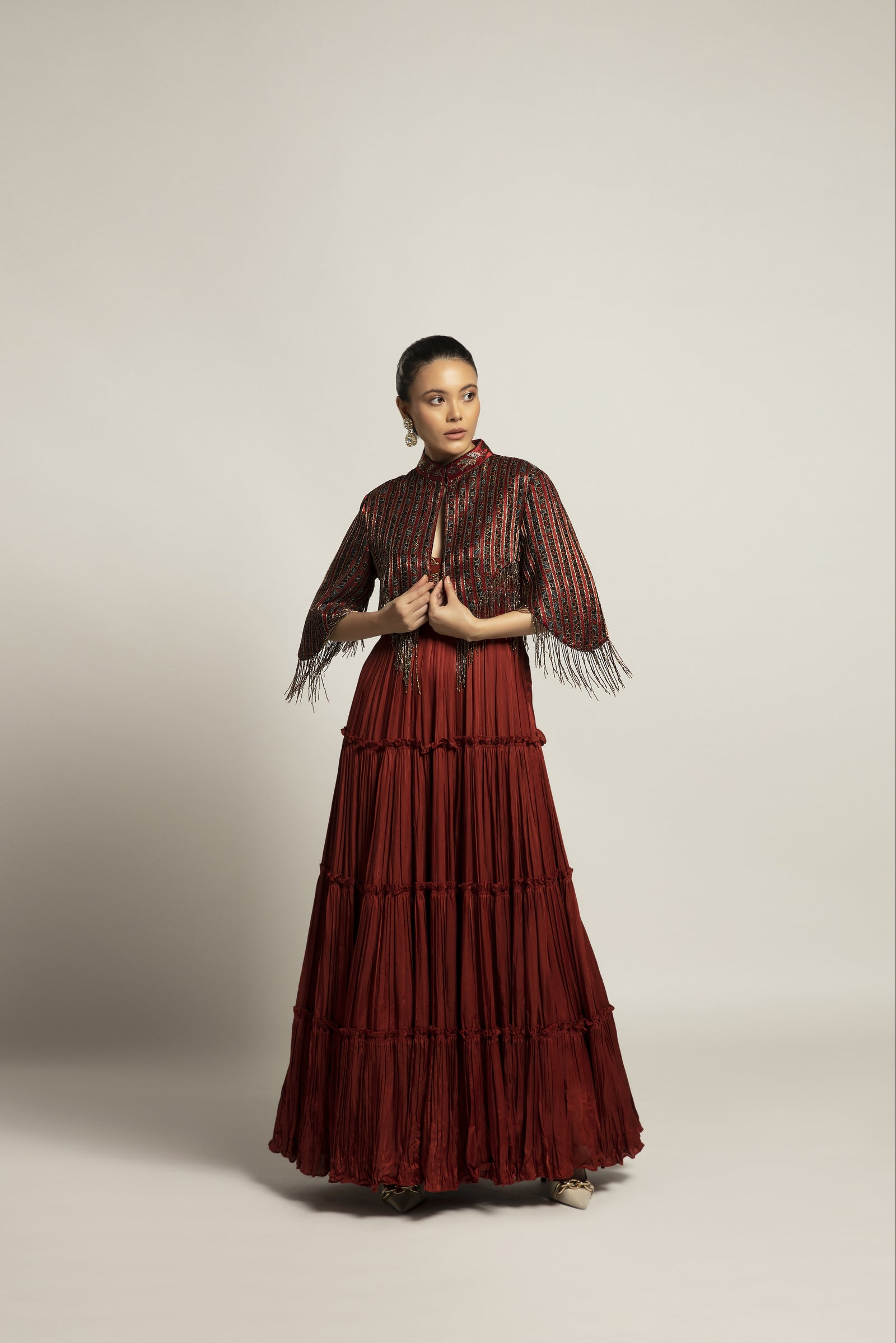 Bonza maroon Tiered dress with cape jacket