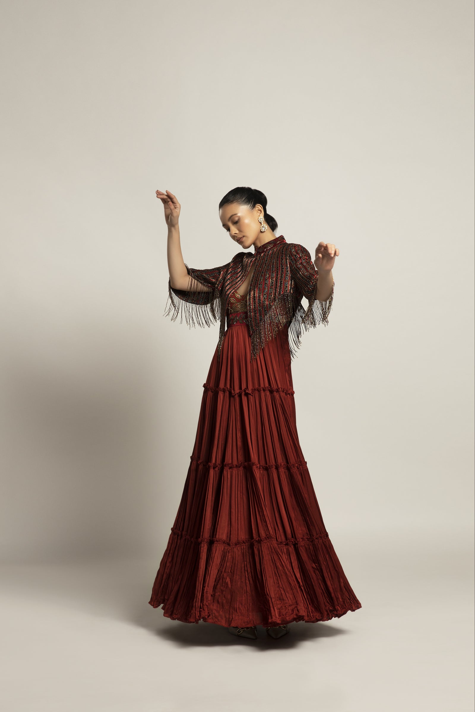 Bonza maroon Tiered dress with cape jacket