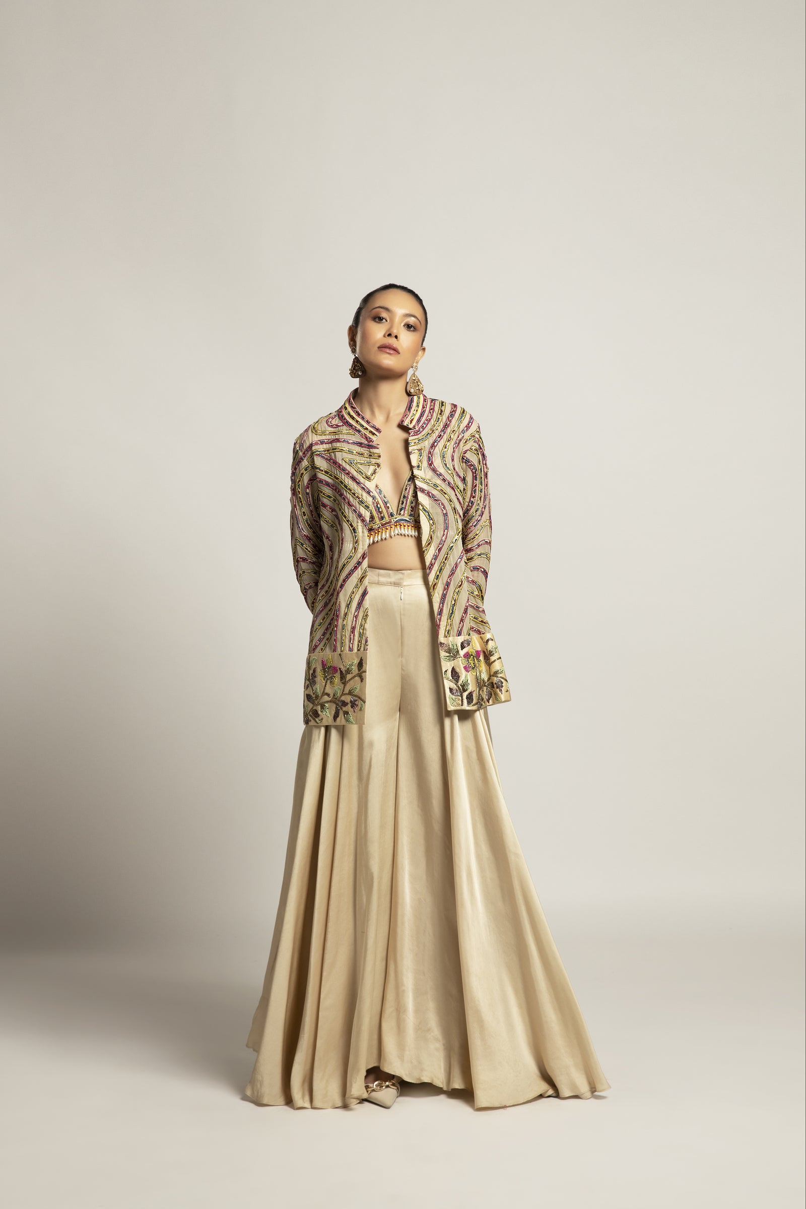 Lustrous ivory bralette & flare pants with ivory organza jacket