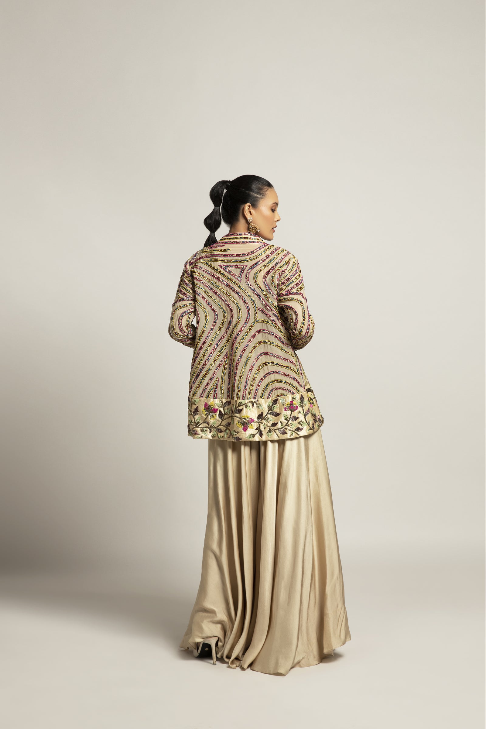 Lustrous ivory bralette & flare pants with ivory organza jacket