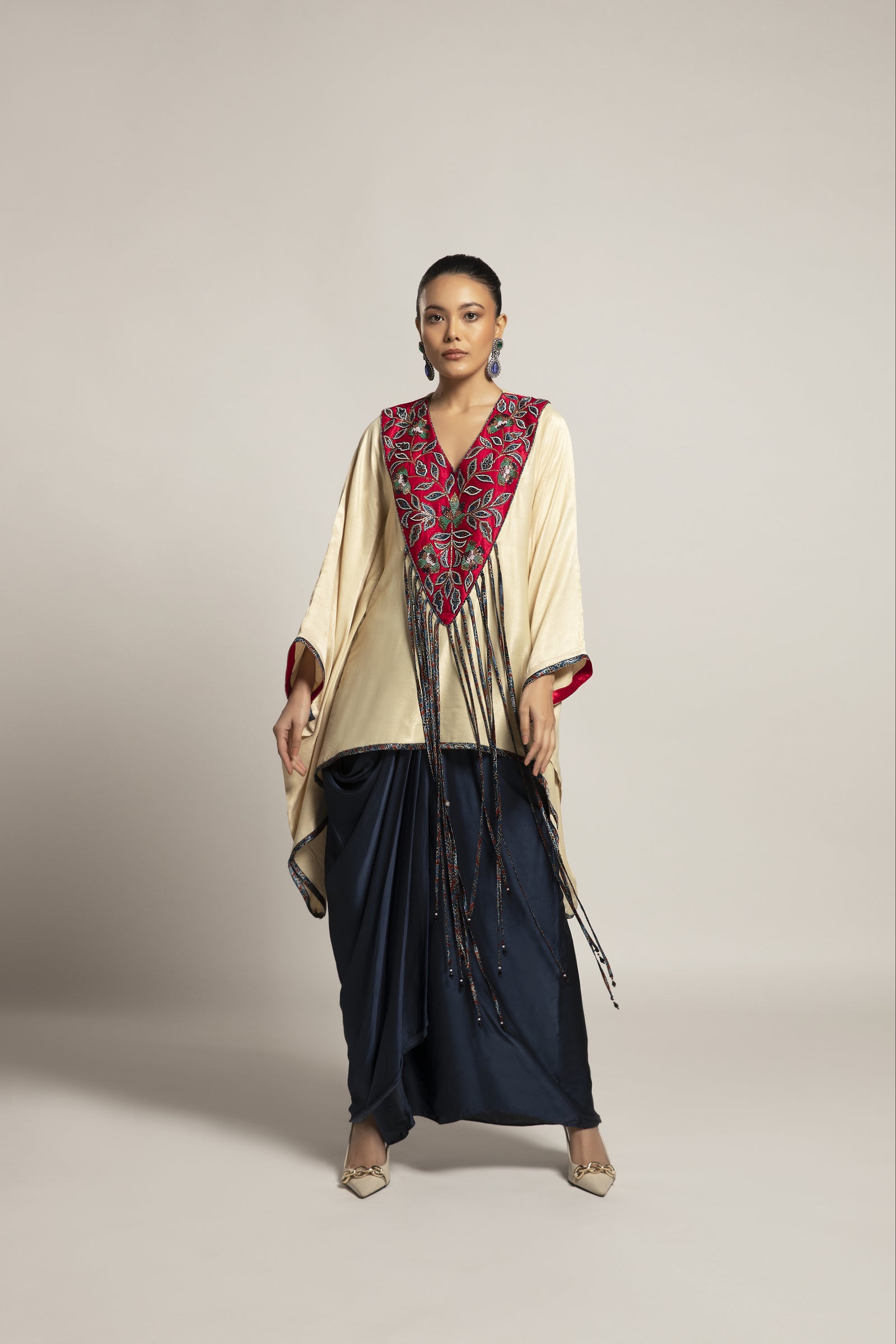 Ahami Beige Kaaftan with Navy blue drape skirt