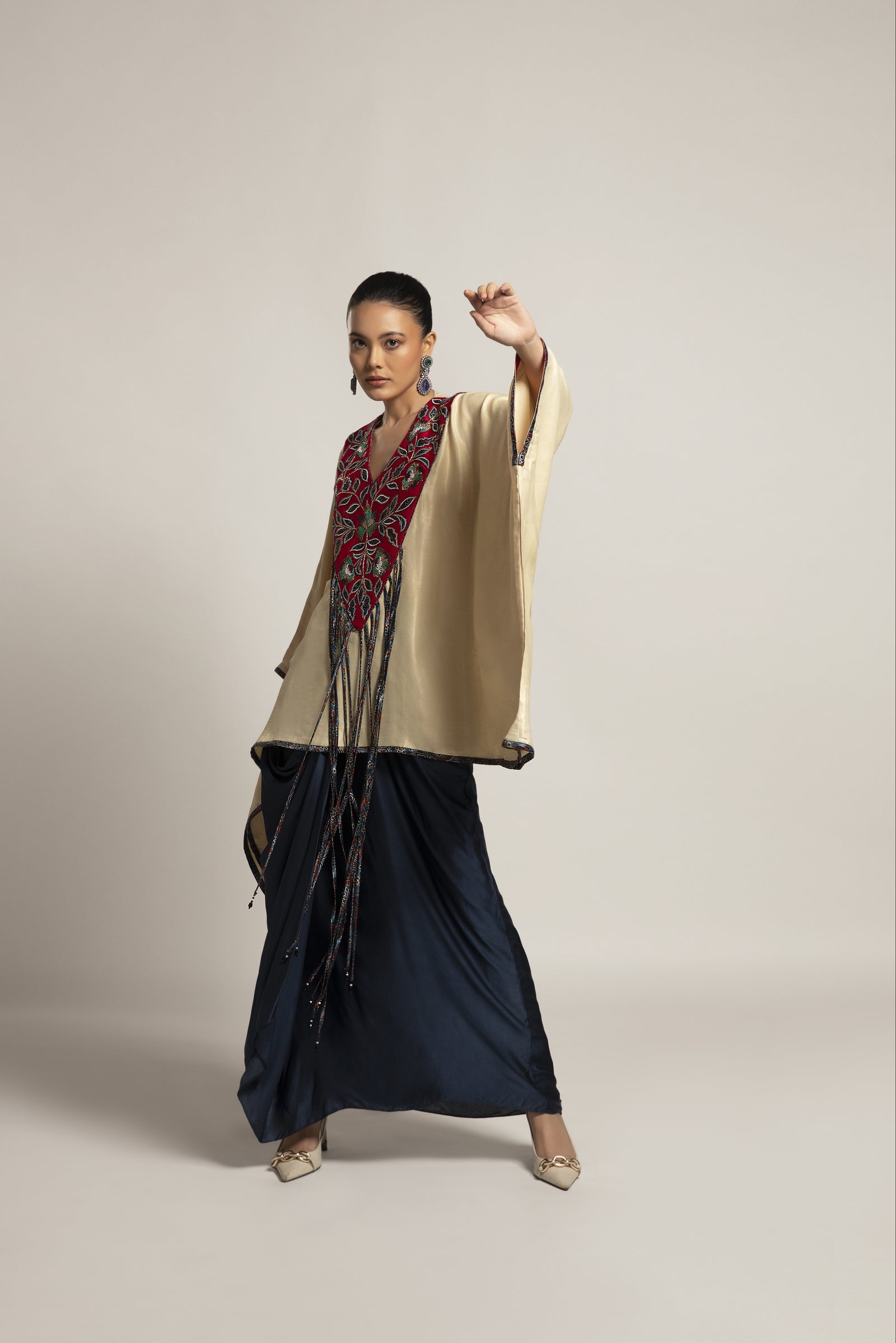 Ahami Beige Kaaftan with Navy blue drape skirt
