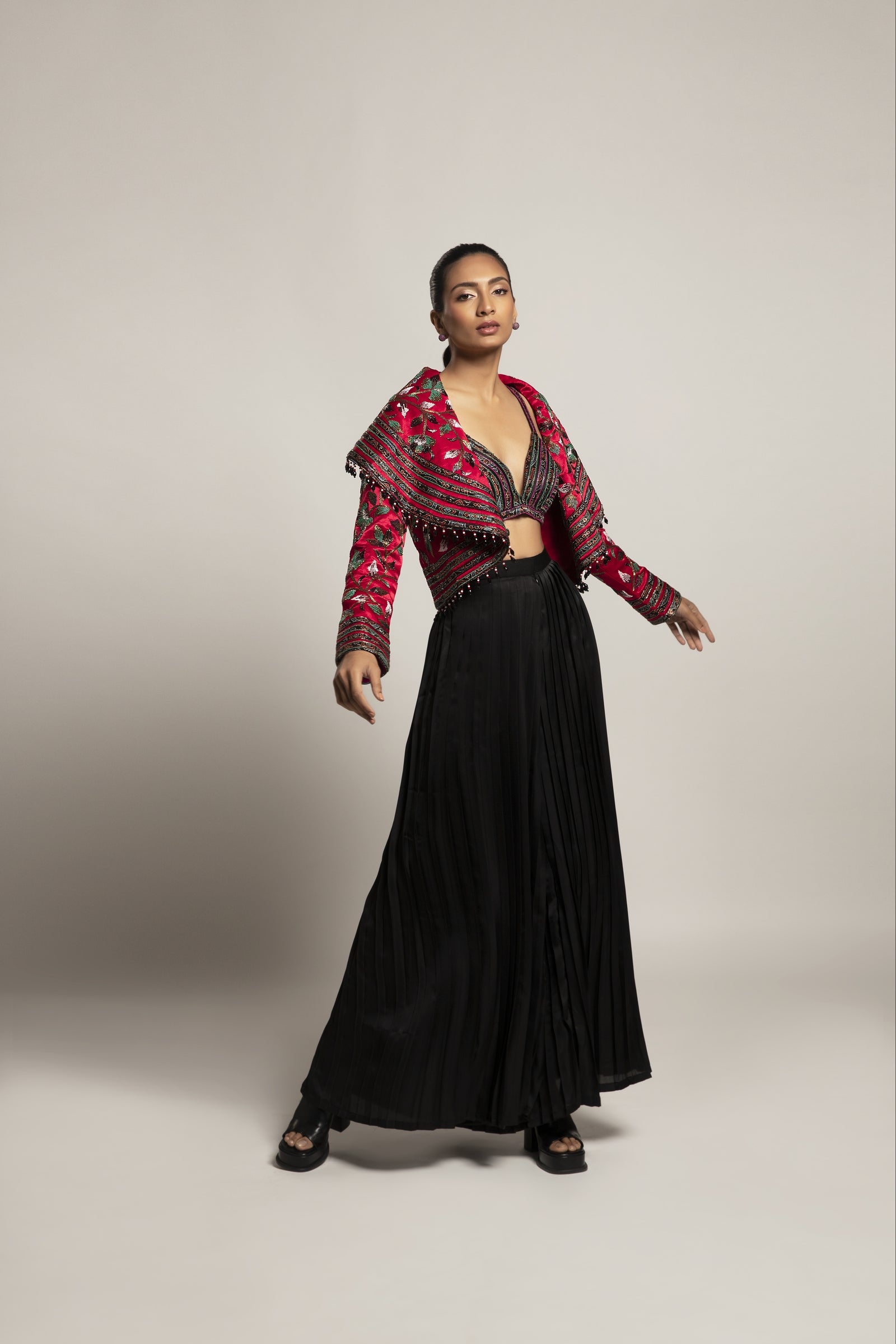Unequaled Black bralet & Fuscia pink Cape jacket with Royal Black pleated pants