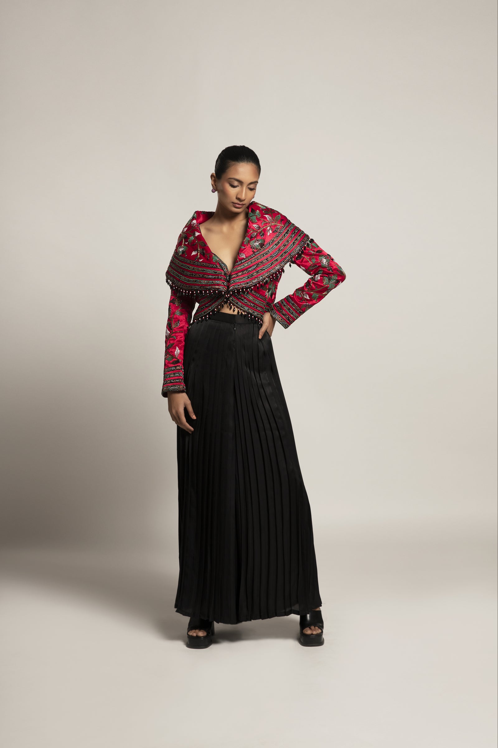Unequaled Black bralet & Fuscia pink Cape jacket with Royal Black pleated pants