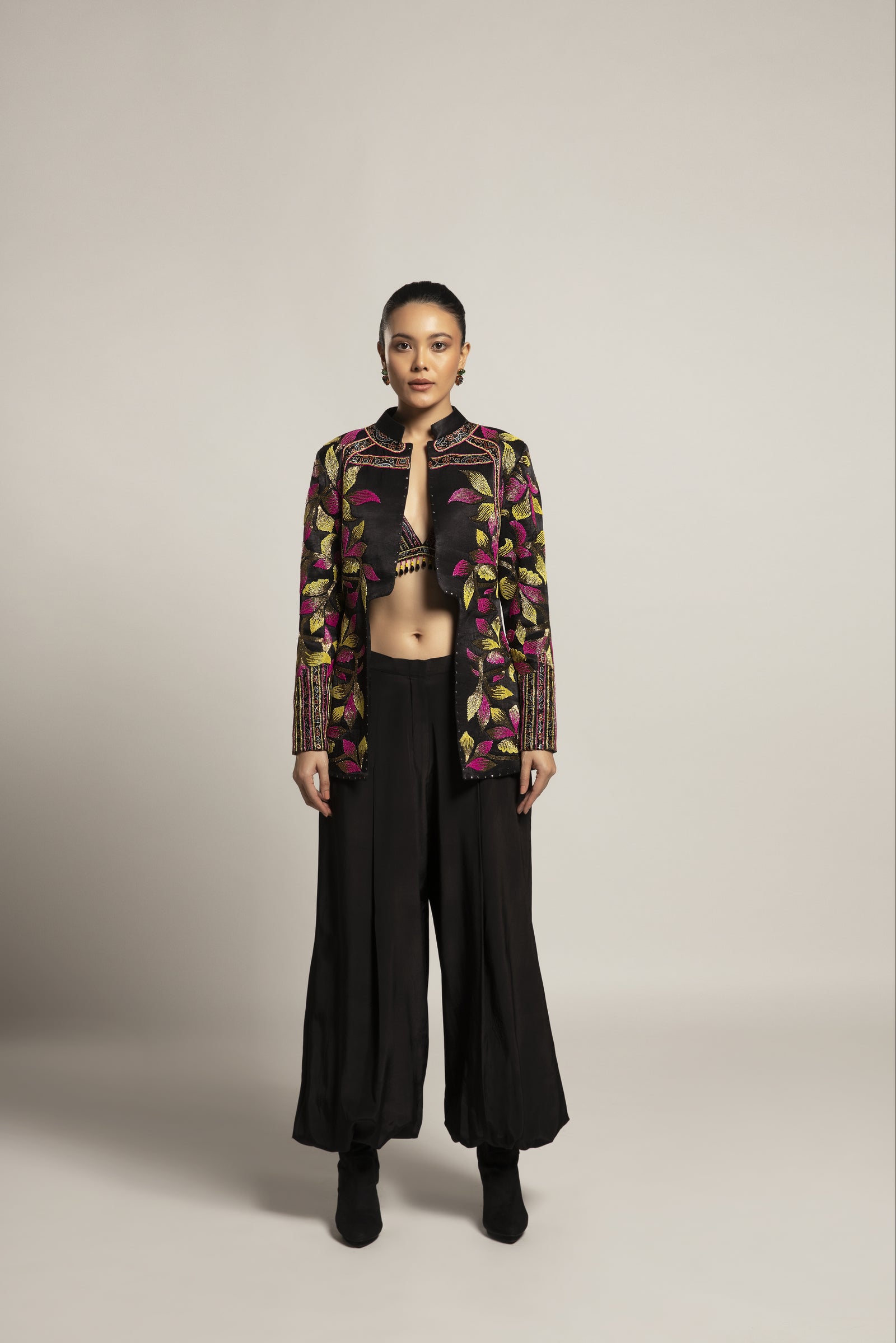 Tantalizing Black bralet & tentom jacket with Jet black harem pants