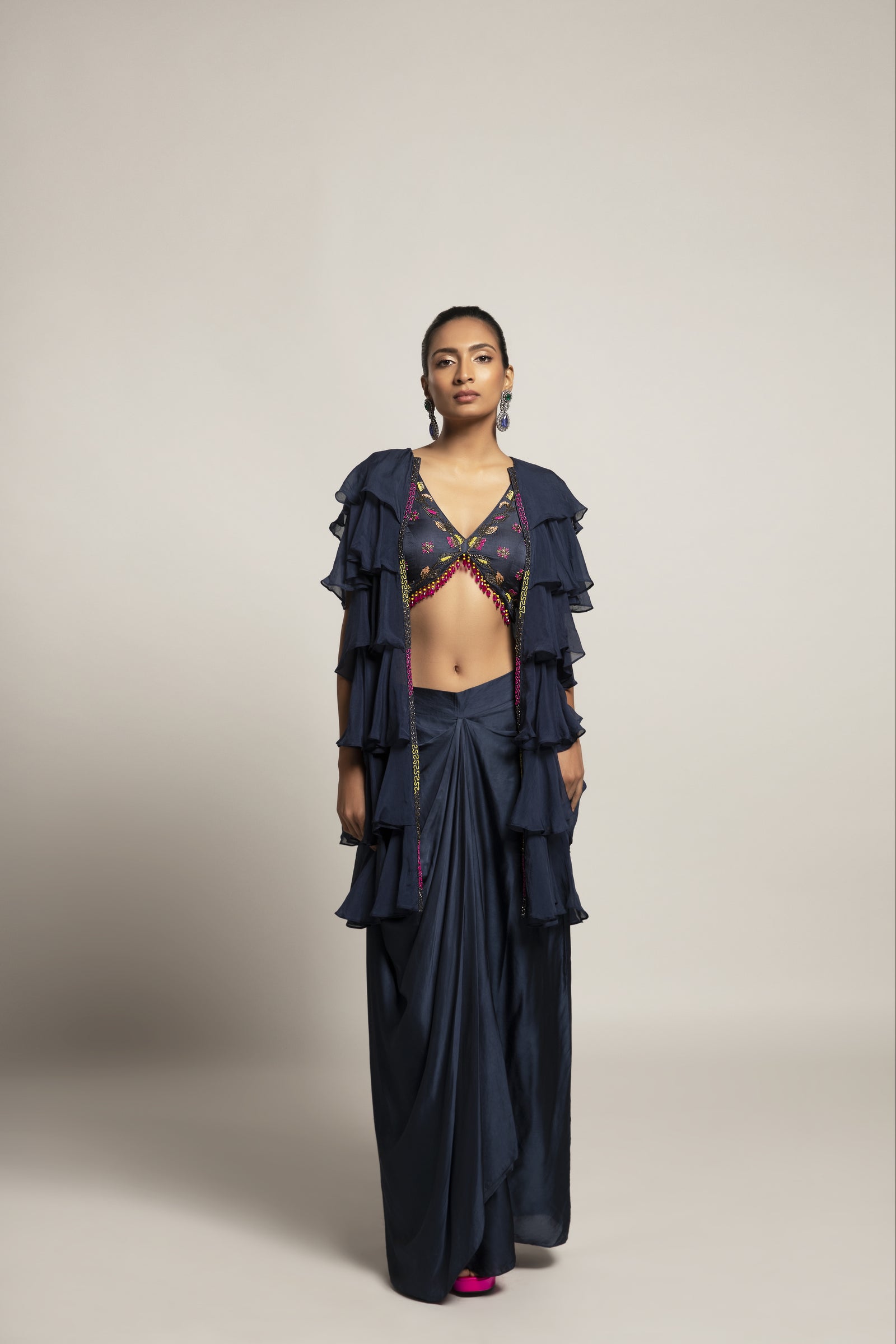 Ravishing Navy blue blouse and drape skirt with fine layered organza jacket