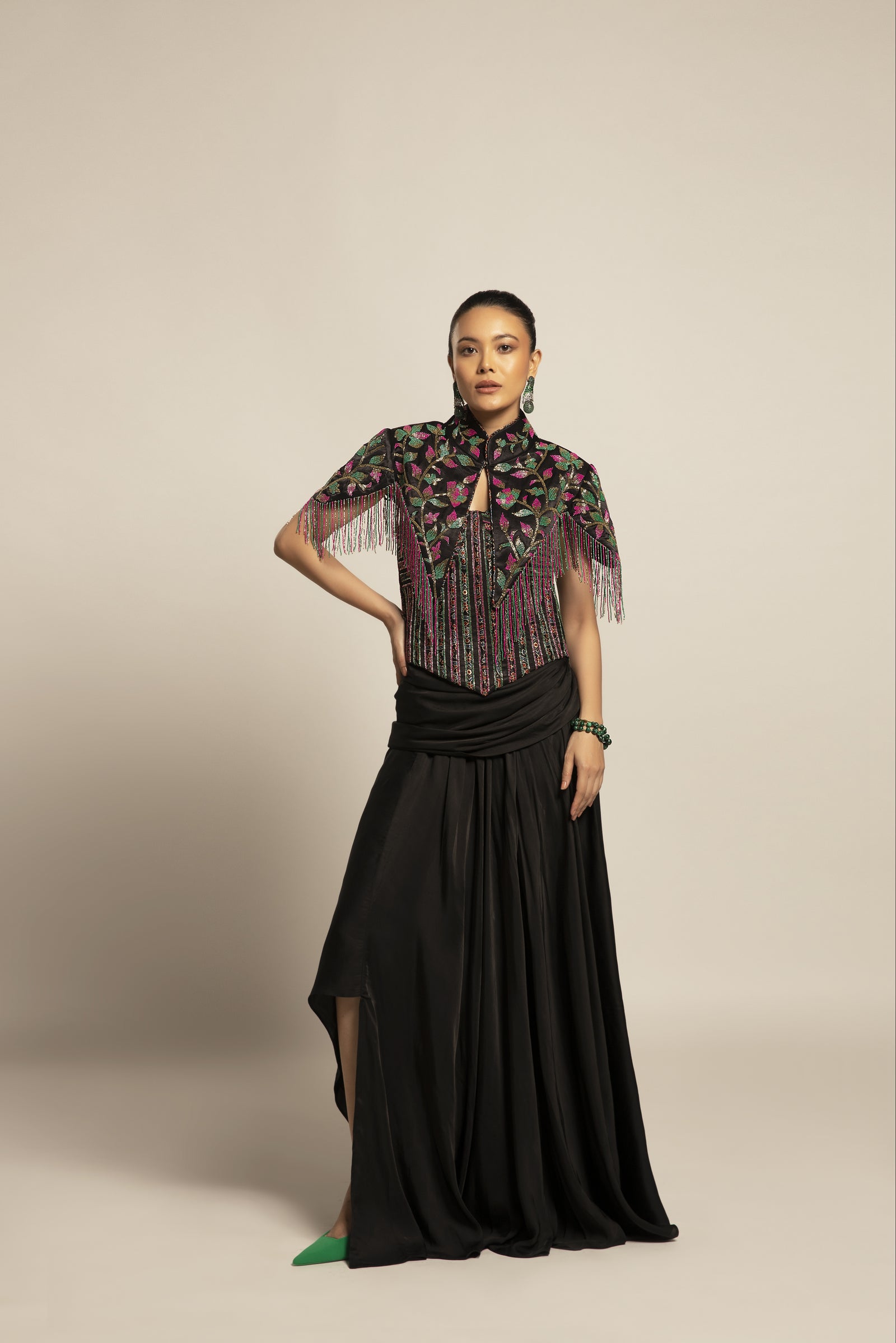 Glided black Corset with drape skirt and capelet jacket