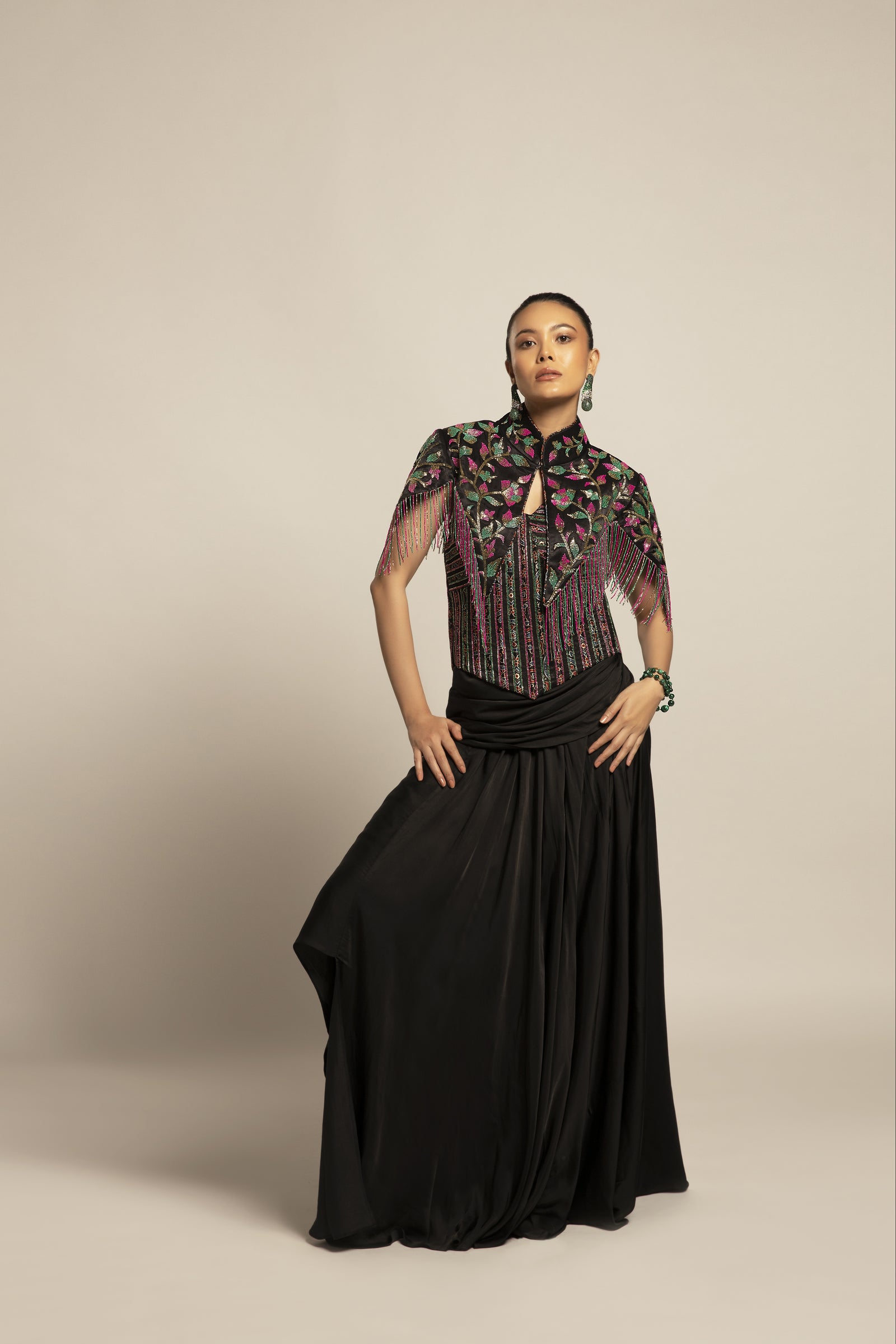 Glided black Corset with drape skirt and capelet jacket