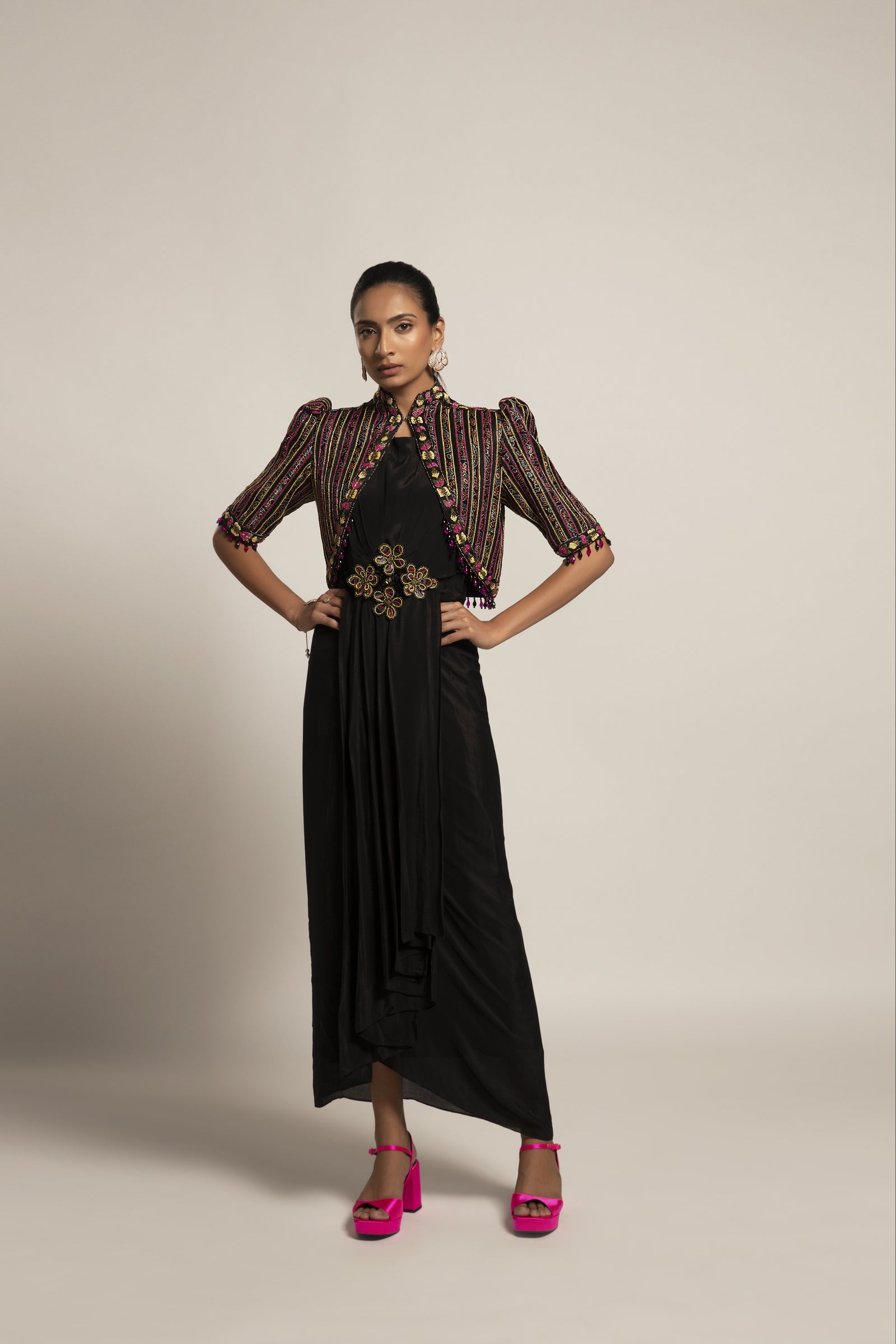 Beauteous Black drape with short jacket set