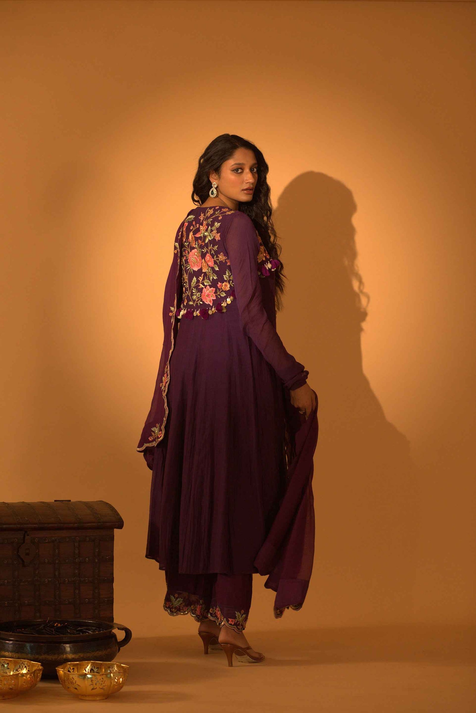 A Purple Hand Embroidered Anarkali Set With Pants And Duptta