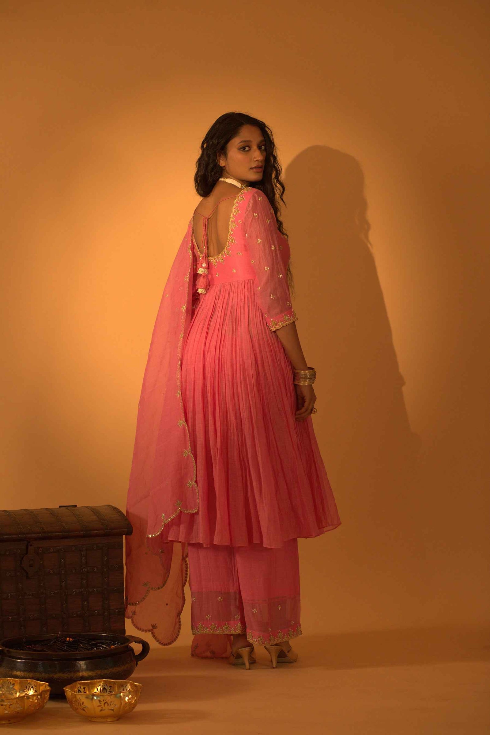 A Rose Pink Anarkali Set With Pants And Duptta