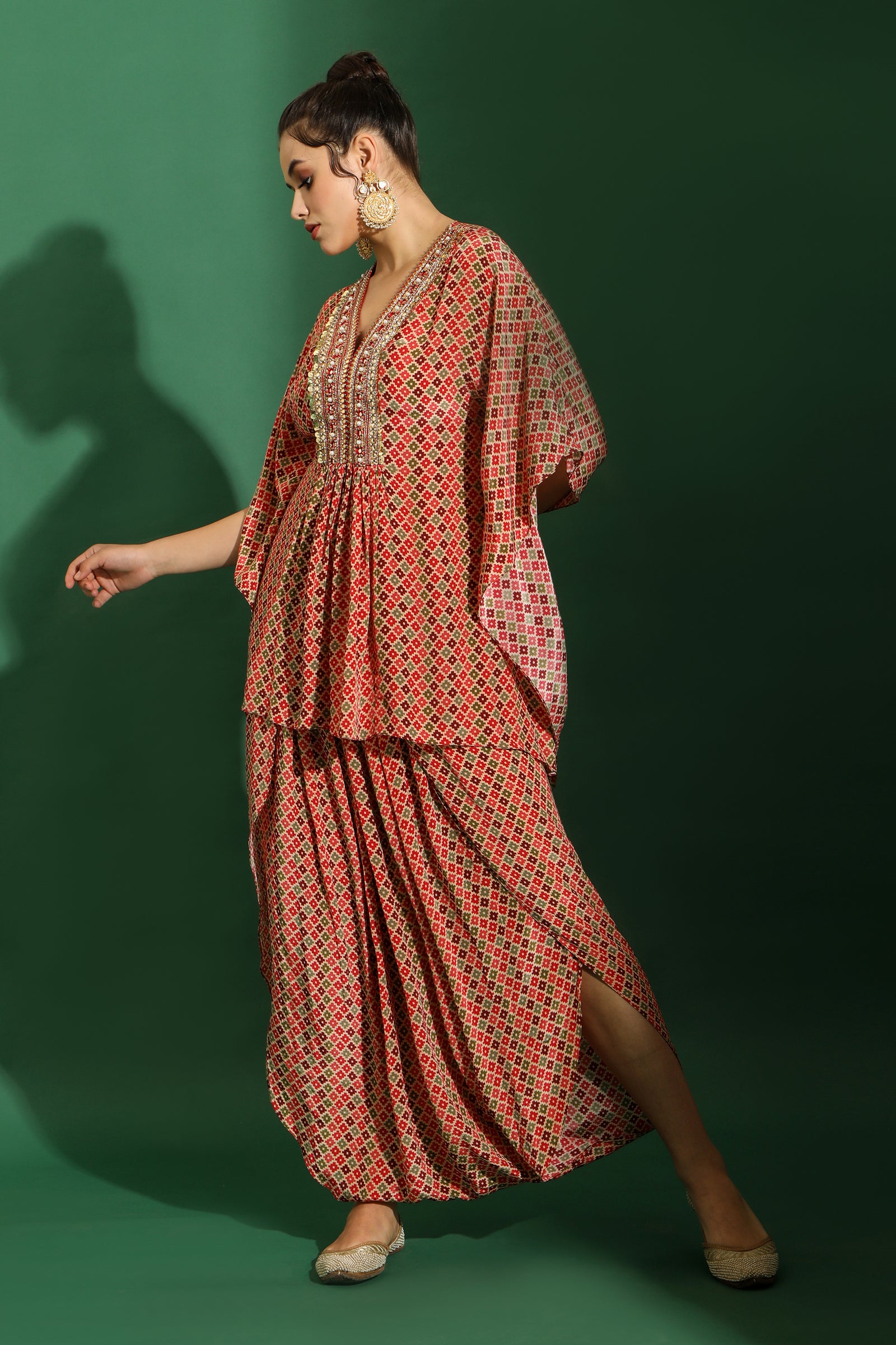 Geometric printed embellished kaftan dhoti set