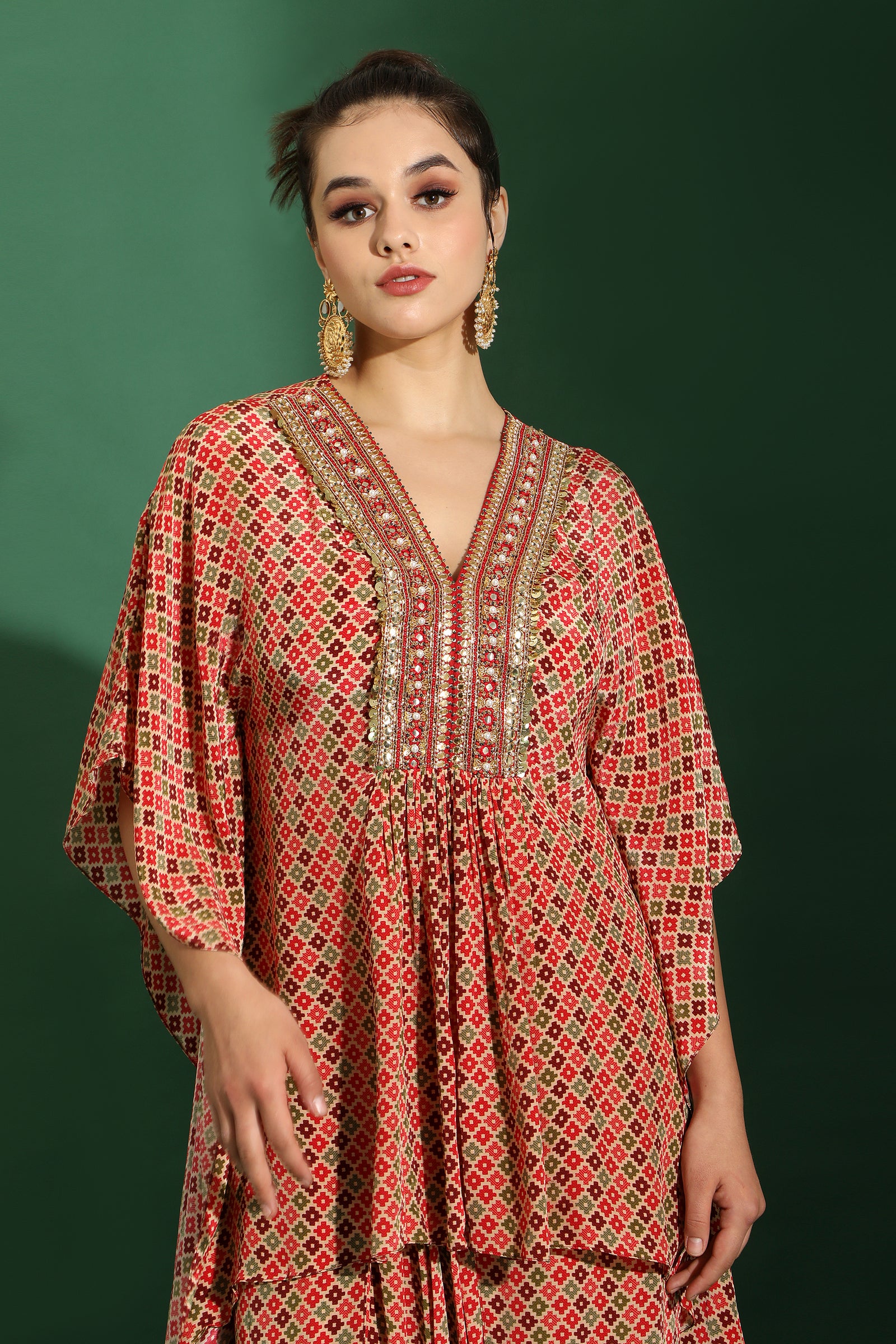 Geometric printed embellished kaftan dhoti set