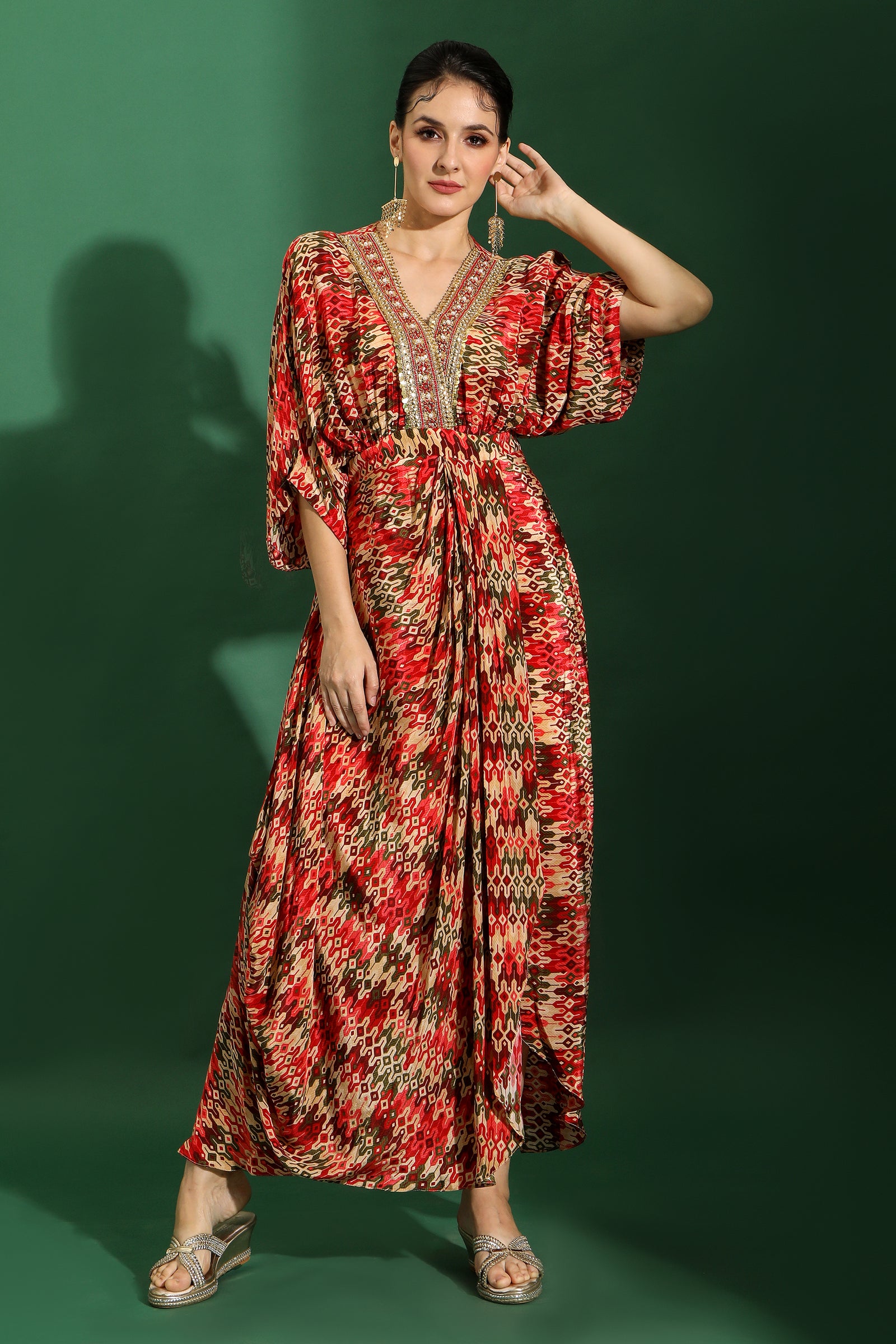 Aztec printed overlap drape dress