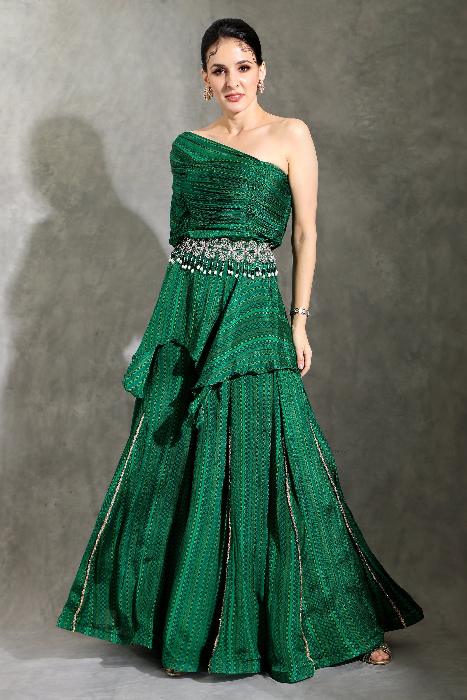 Green Dhari printed one shoulder ruched sharara set