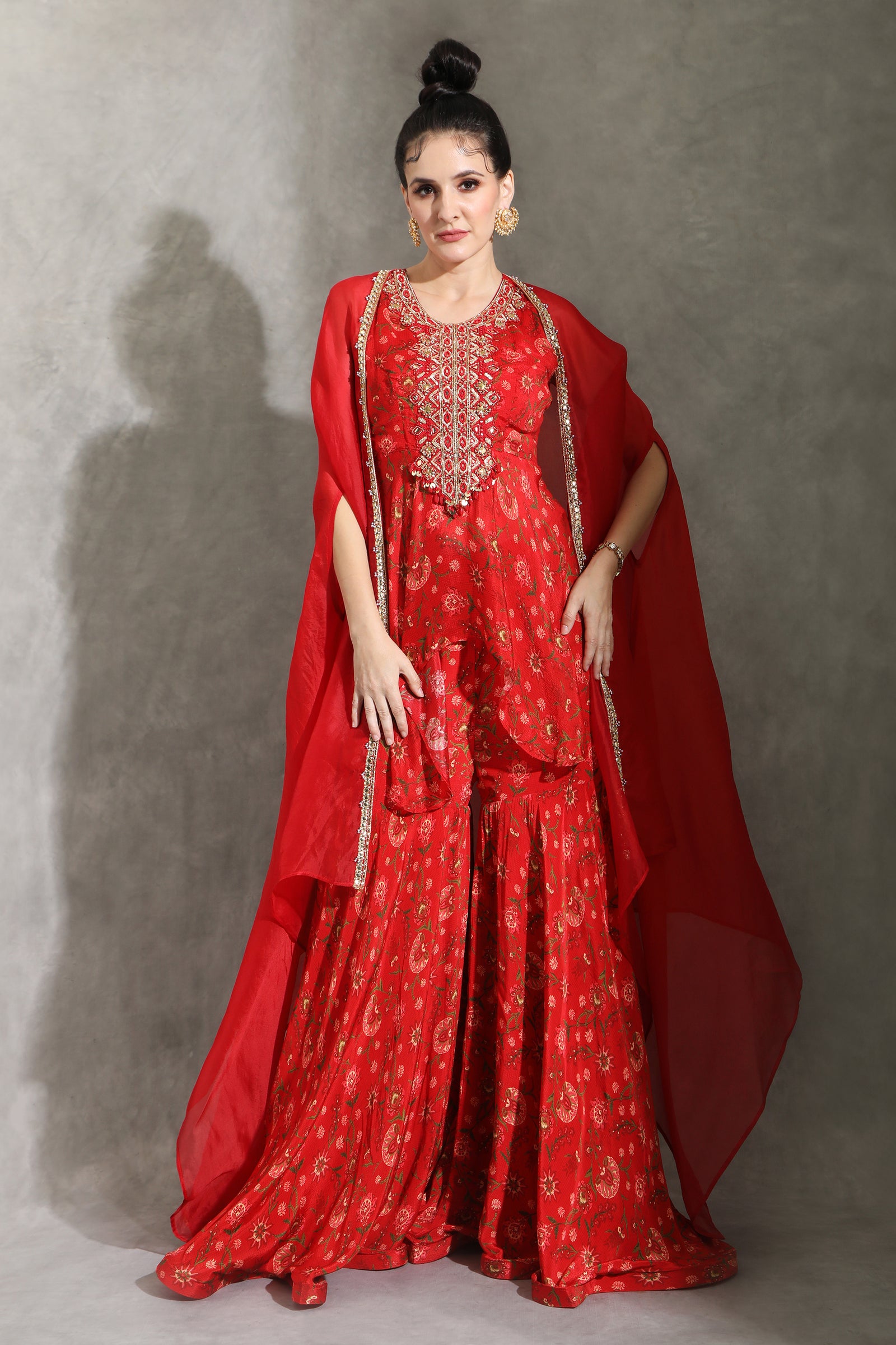 Chintz printed sharara set with cape