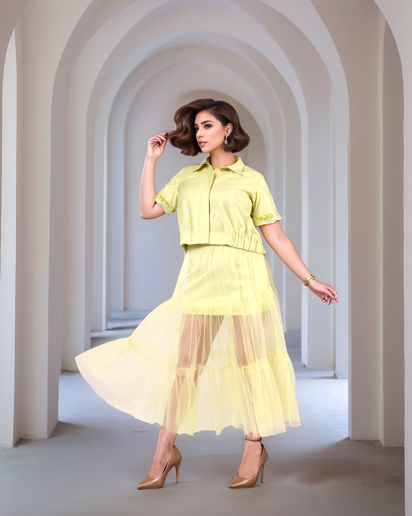 Creamy Avocado Green Jacket With Tulle Ruched Sheer Skirt