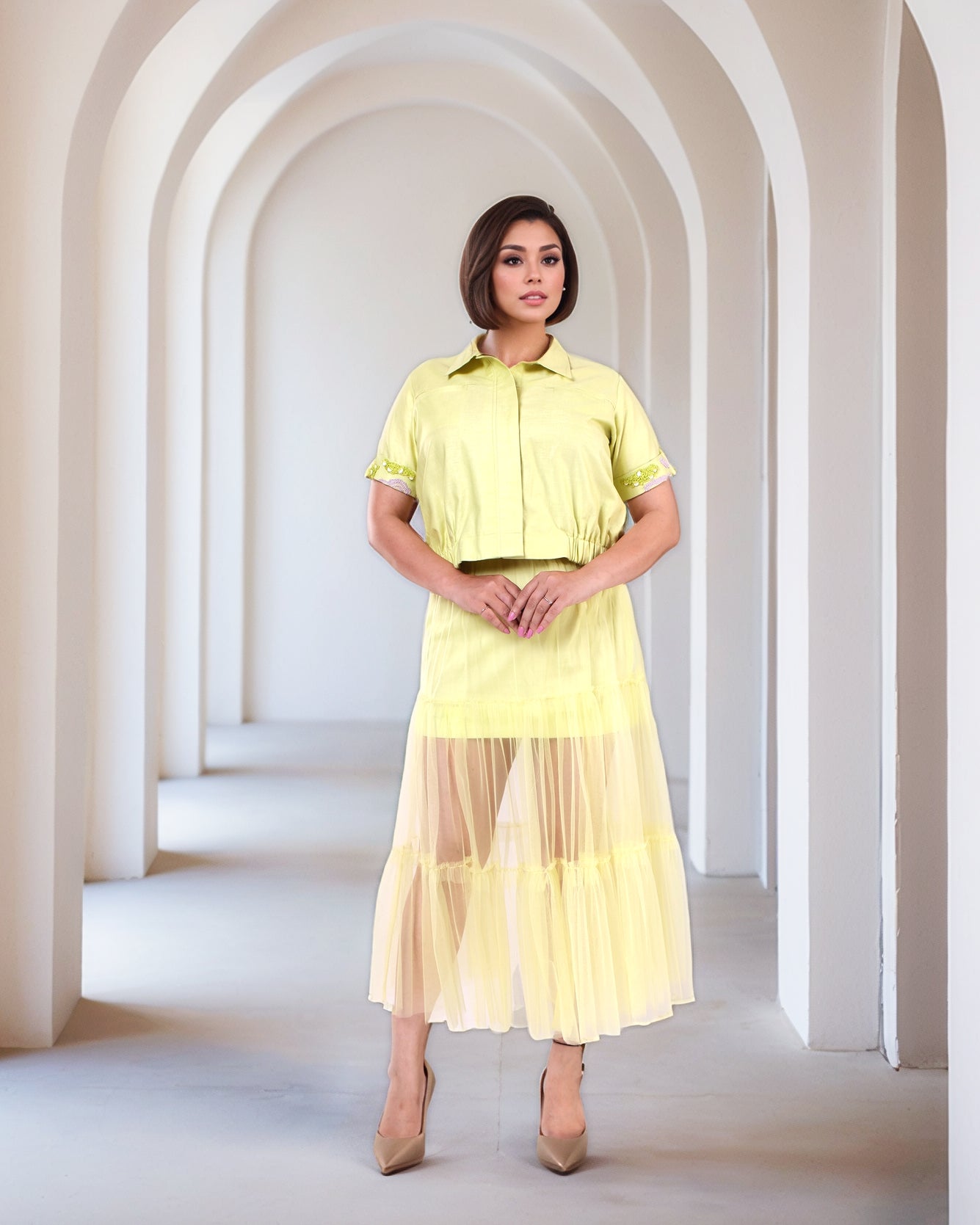 Creamy Avocado Green Jacket With Tulle Ruched Sheer Skirt