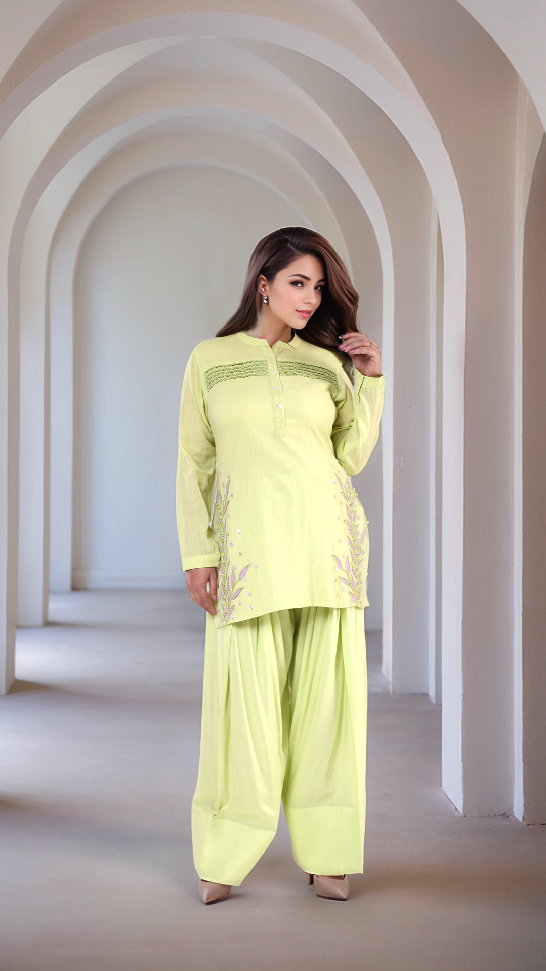 Creamy Avocado Green Embroidered Tunic With Farshi Salwar