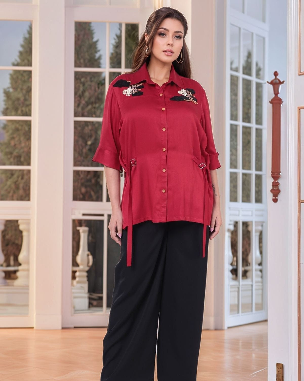 Bold Red With Button Down Embroidered Shirt