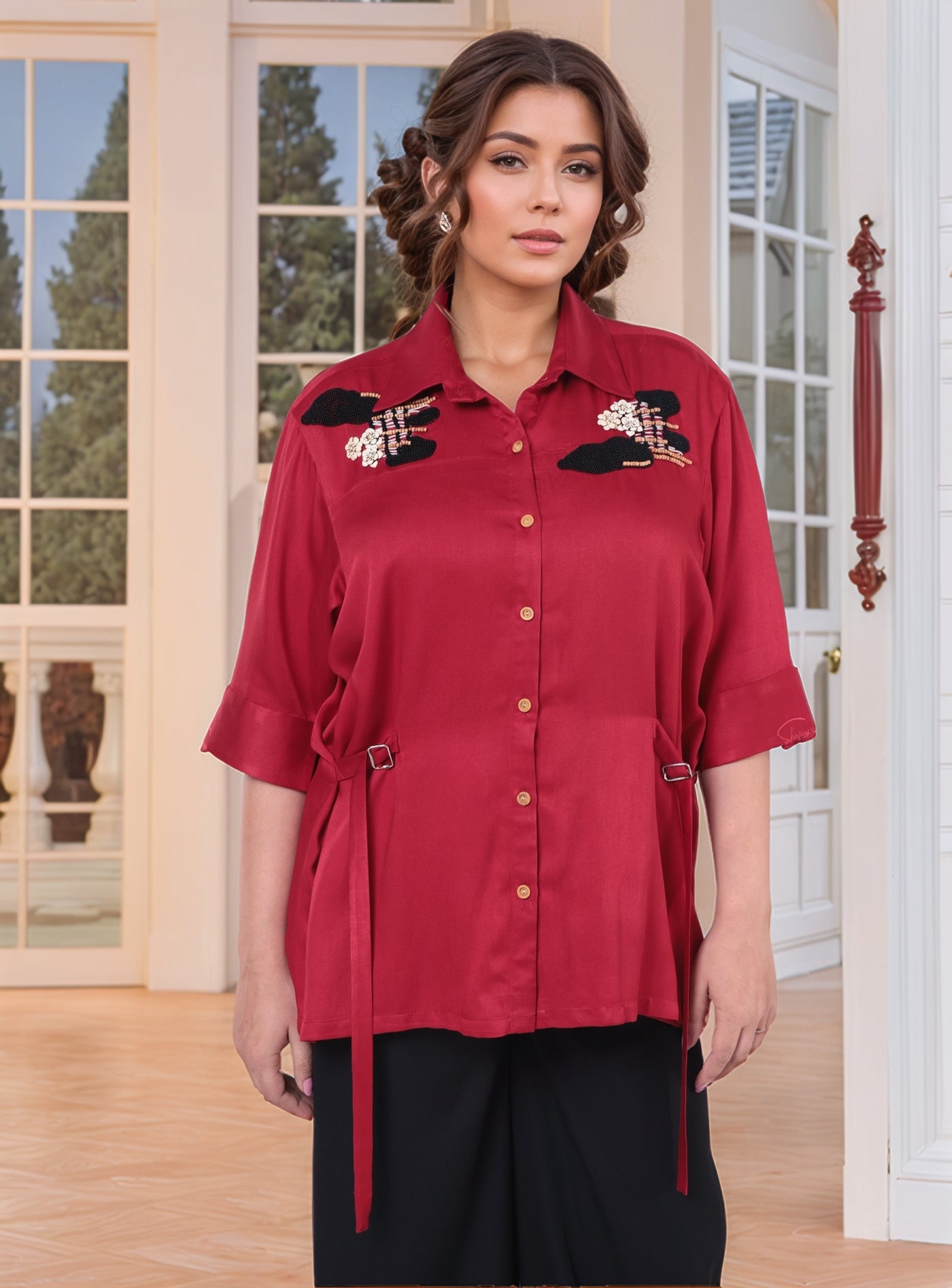 Bold Red With Button Down Embroidered Shirt