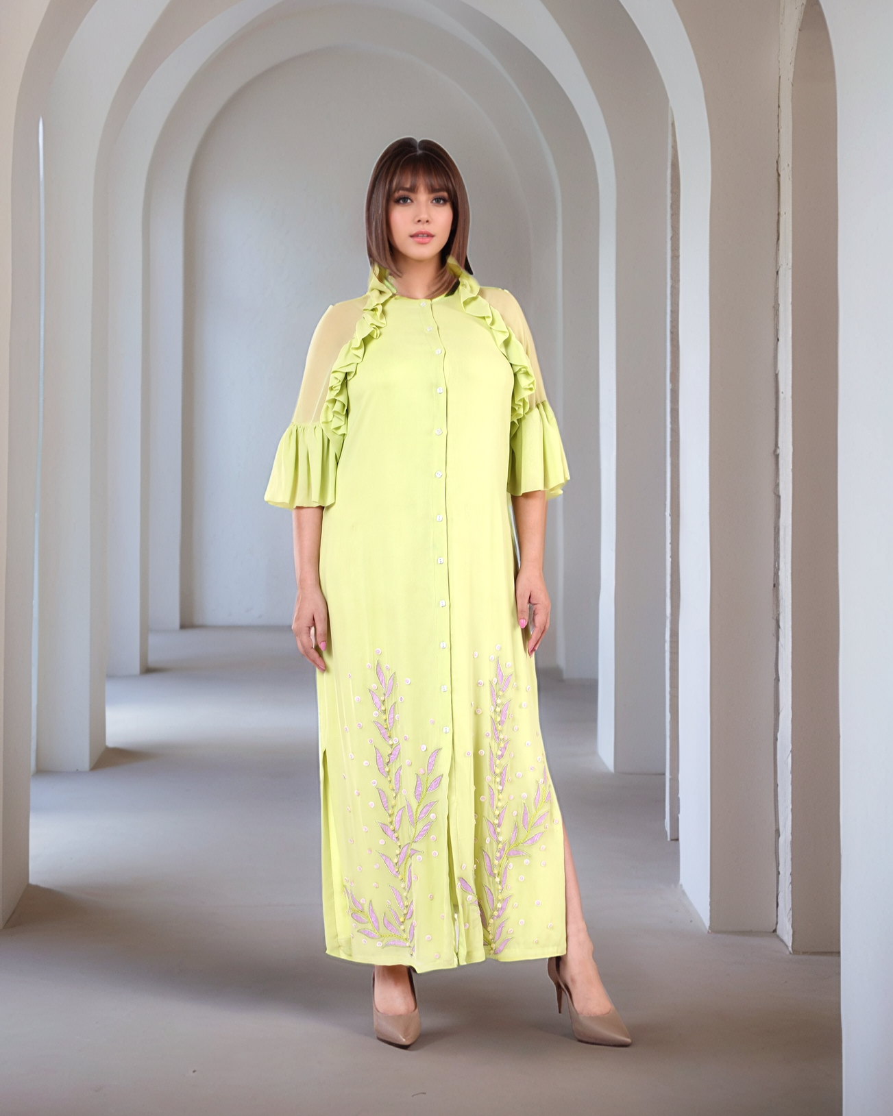 Creamy Avocado Green Embroidered Dress