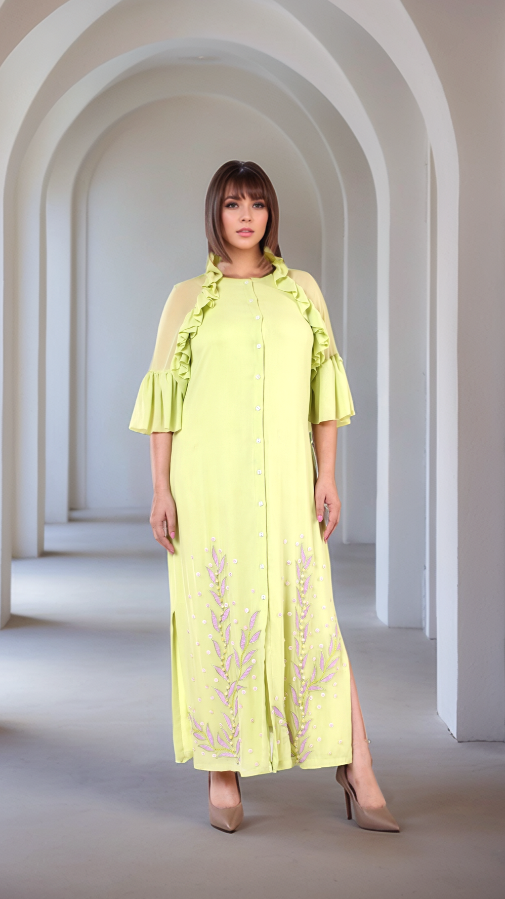Creamy Avocado Green Embroidered Dress