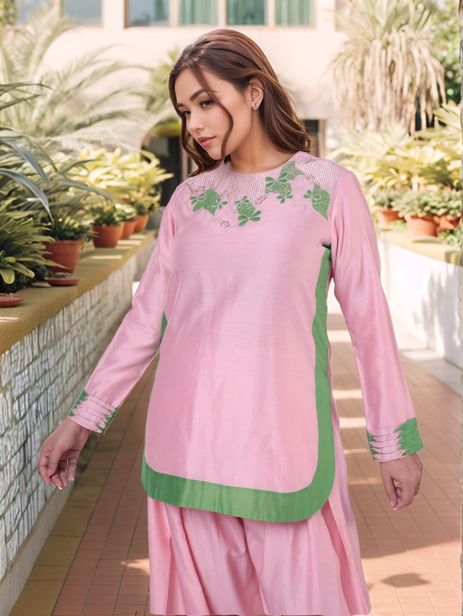 Pink And Green Tunic With Farshi Salwar
