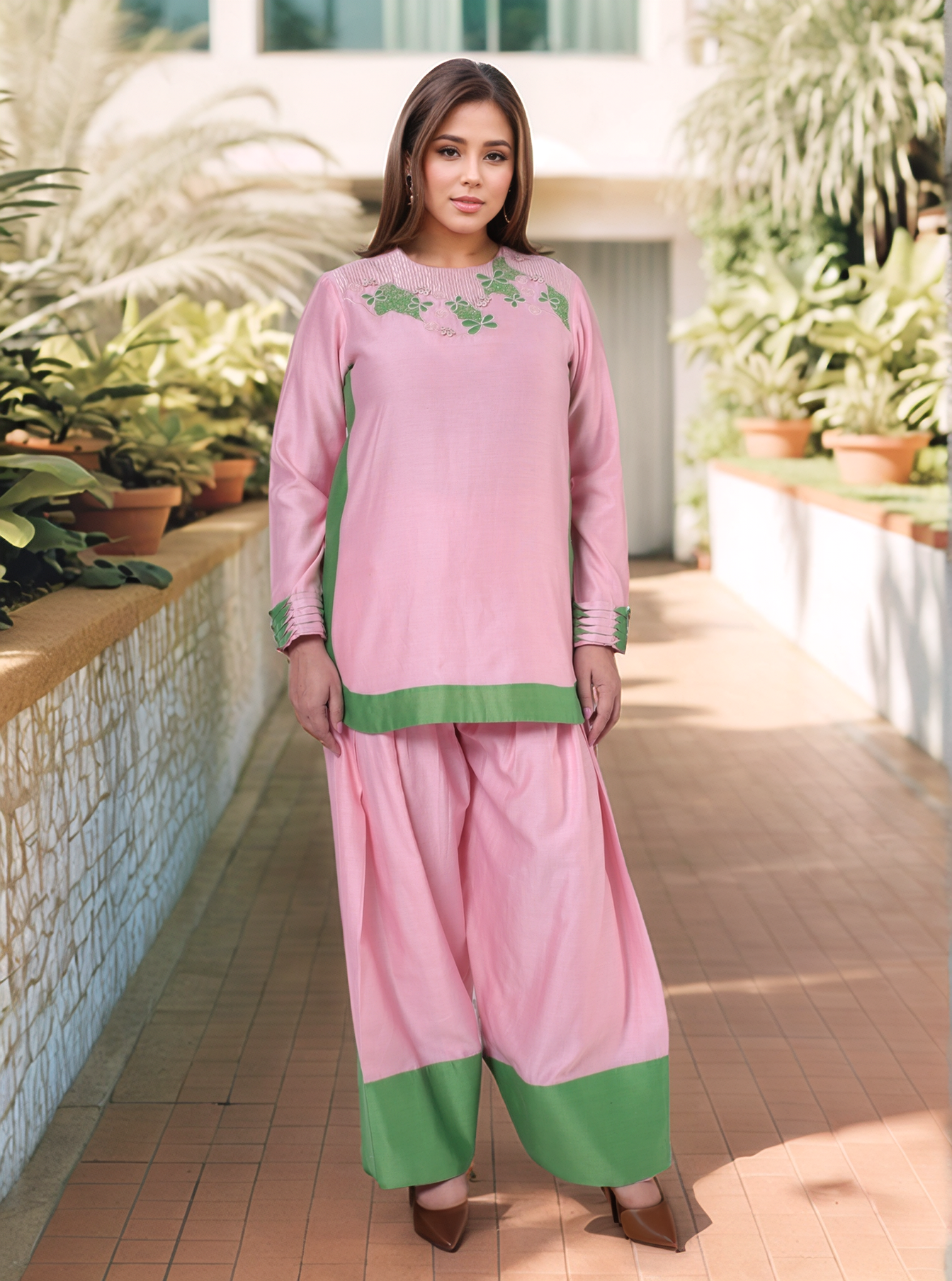 Pink And Green Tunic With Farshi Salwar