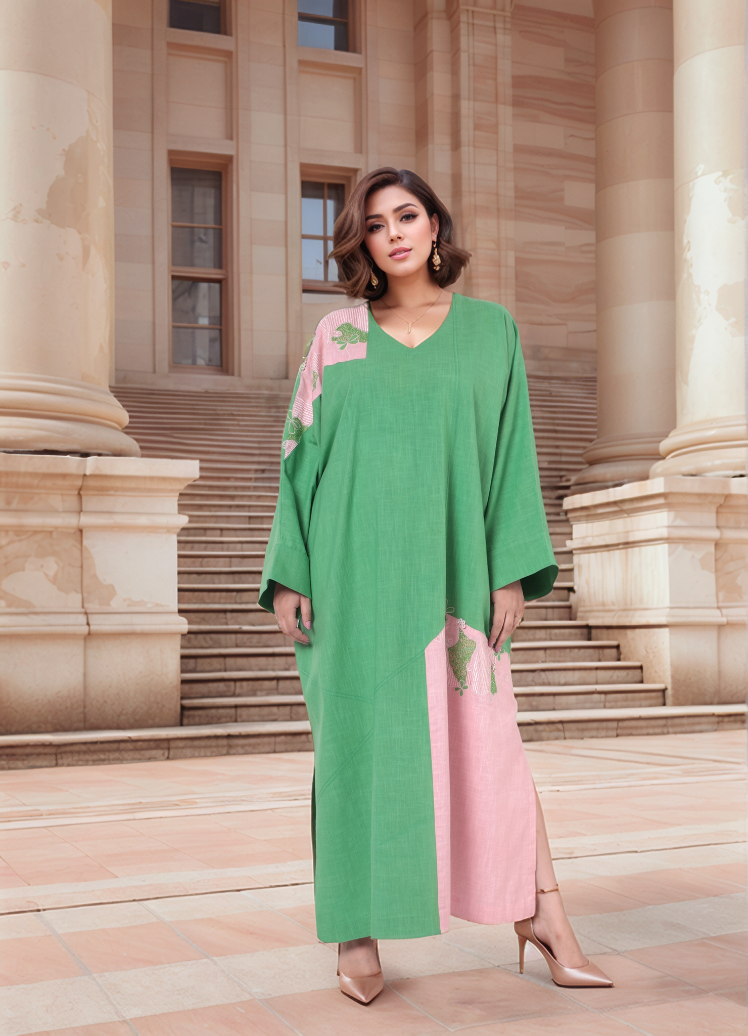 Green And Pink Colour Blocked Kaftan Dress