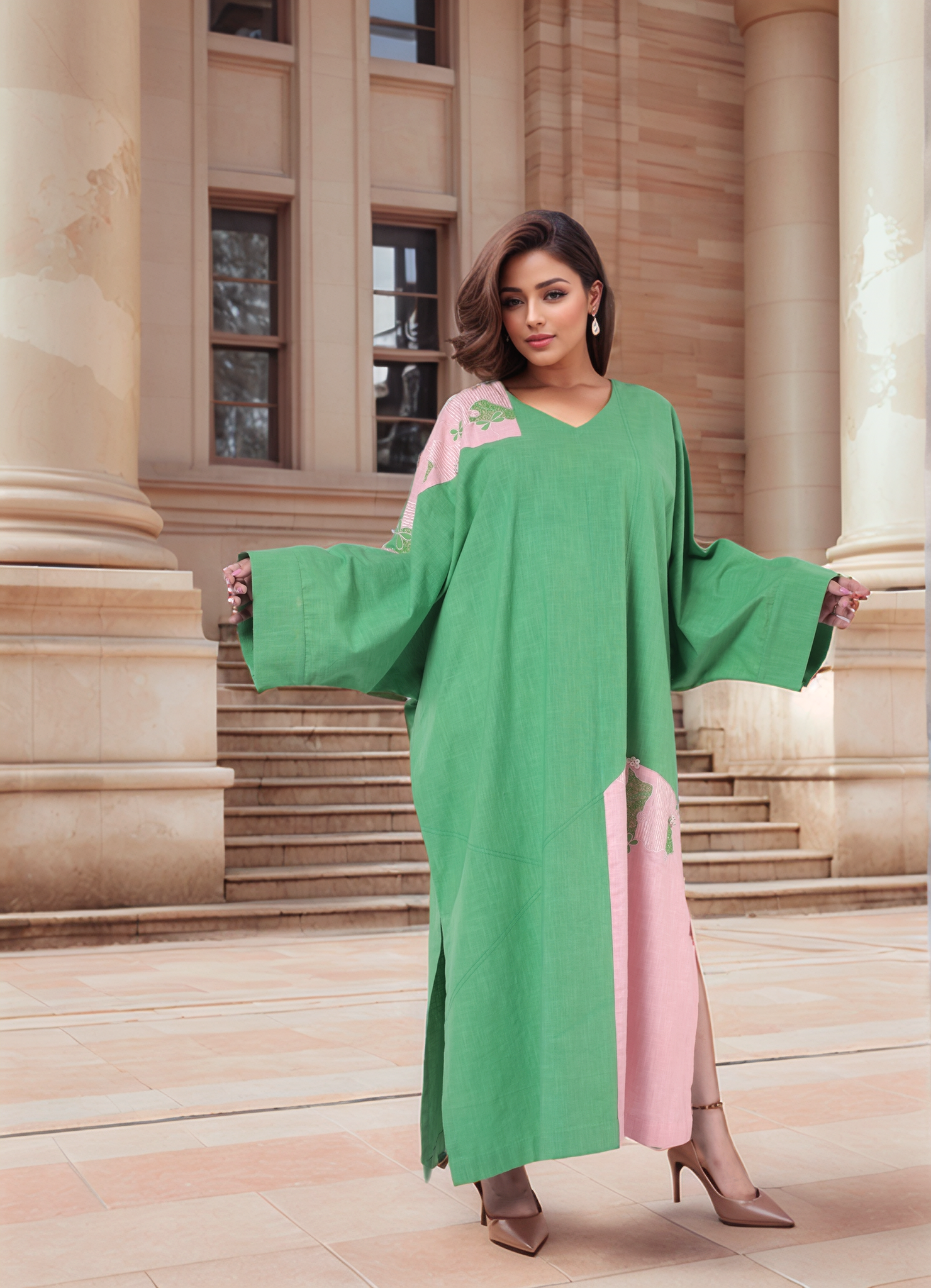 Green And Pink Colour Blocked Kaftan Dress