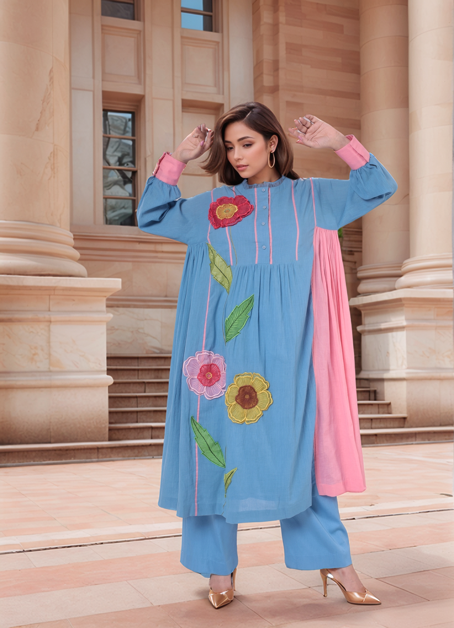 Blue-Pink Colour Block Kurta Set