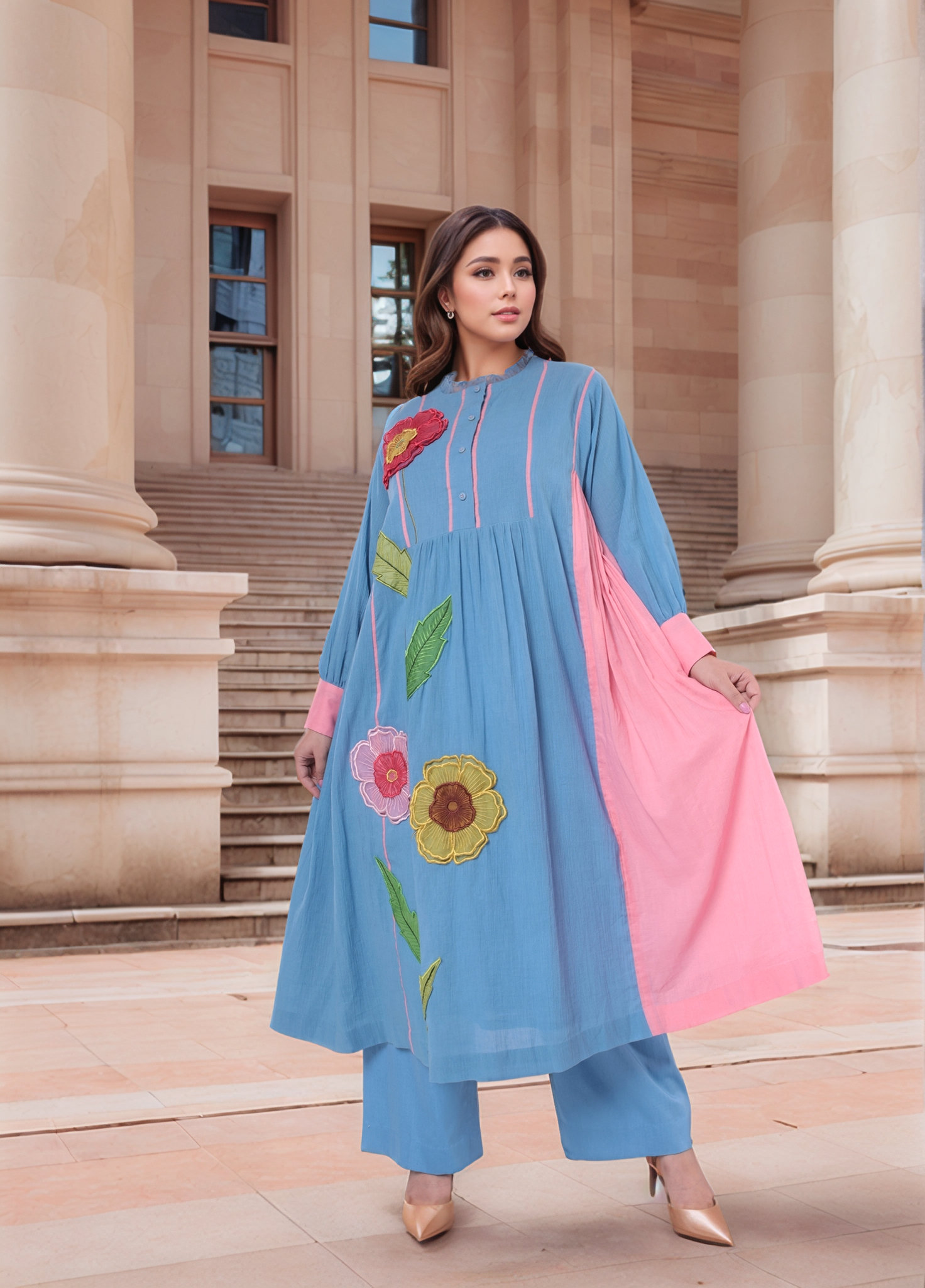 Blue-Pink Colour Block Kurta Set