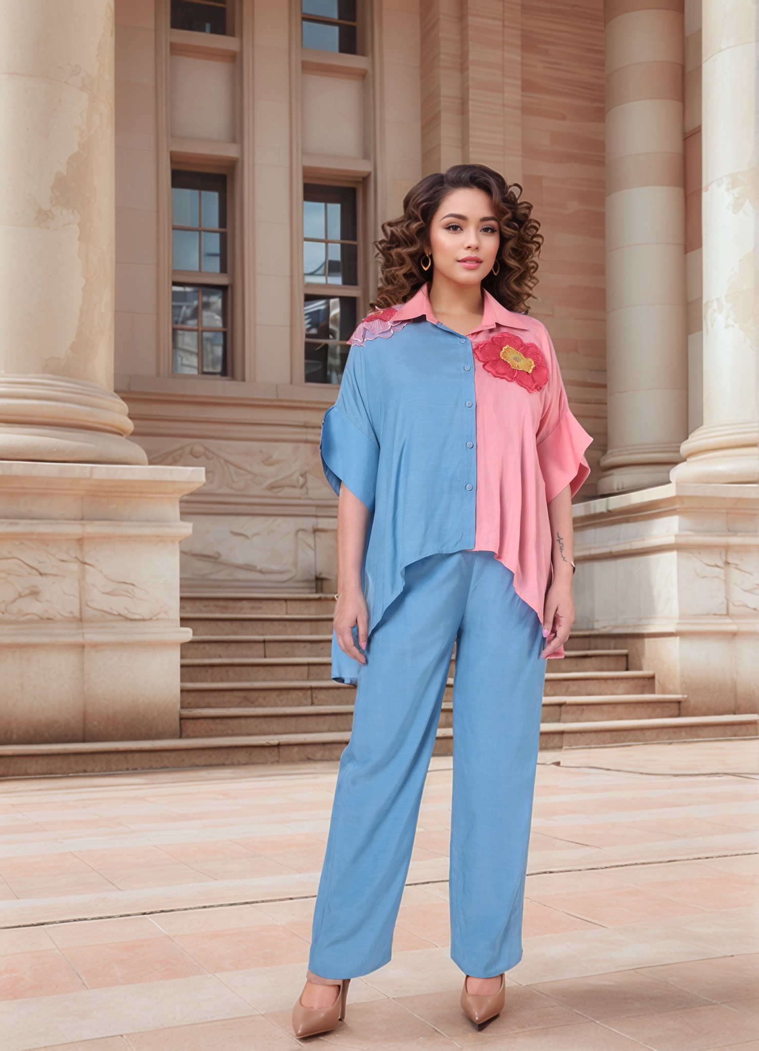 Half-And-Half Vibrant Color-Blocked Co-Ord Set