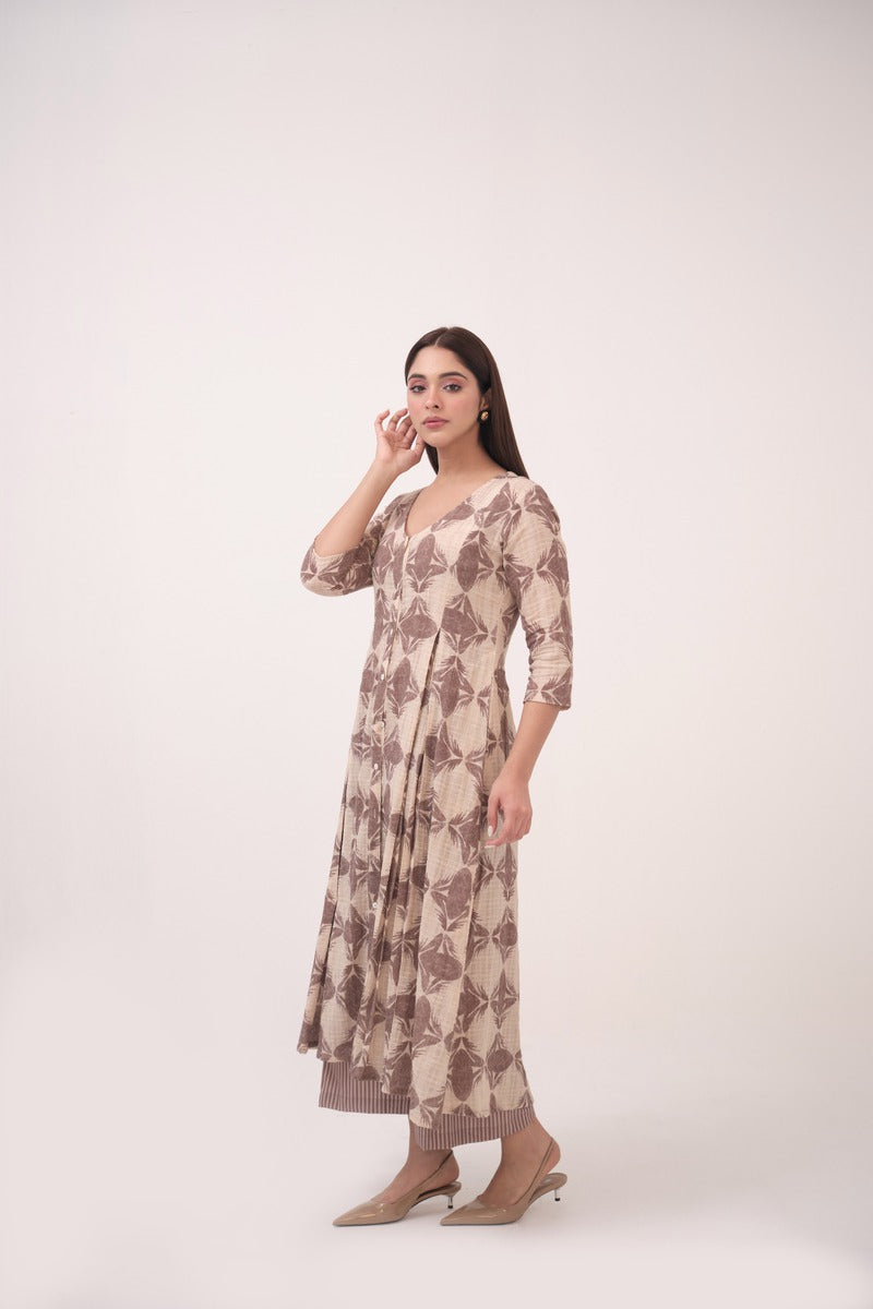 Mendaka Digital Print Panelled Kurta Set Beige & Brown