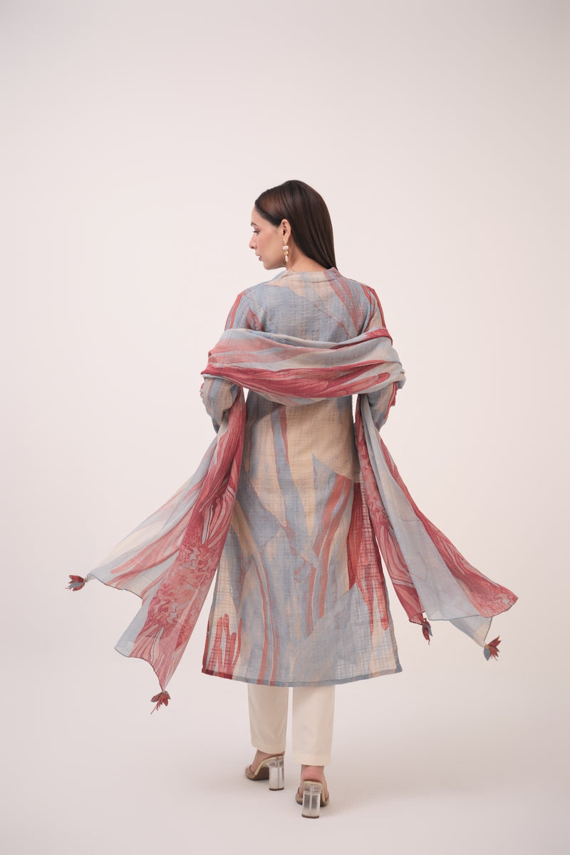 Watercolour Lotus Print Kurta Set With Dupatta Teal