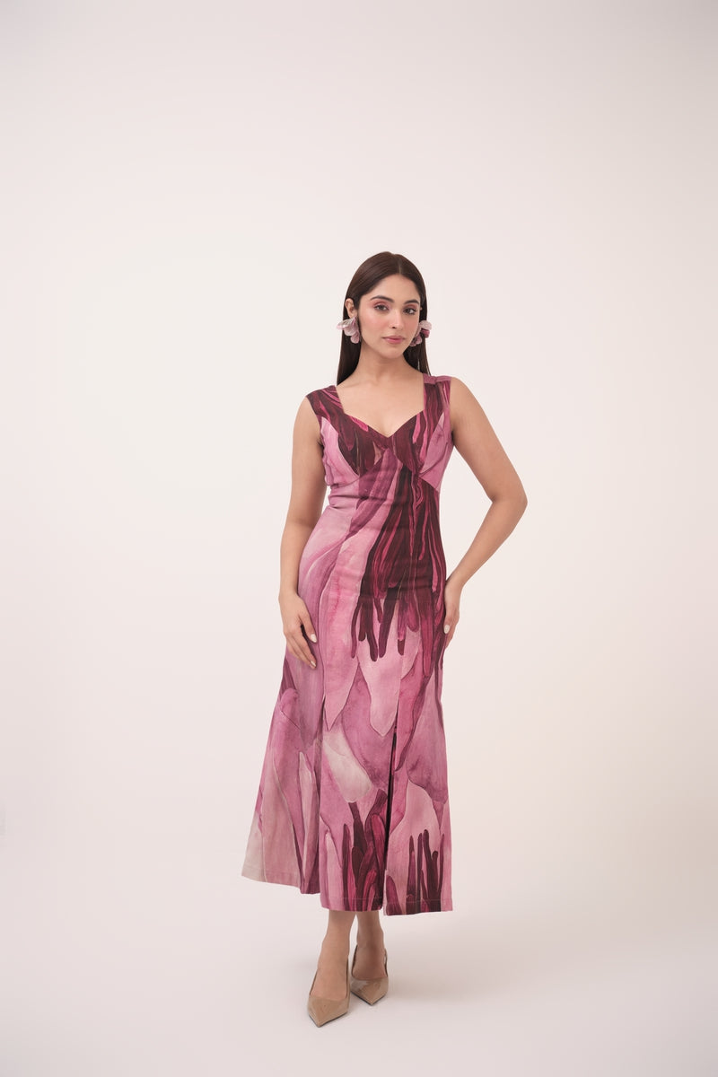 Watercolour Lotus Print Box-Pleated Dress Mulberry Pink