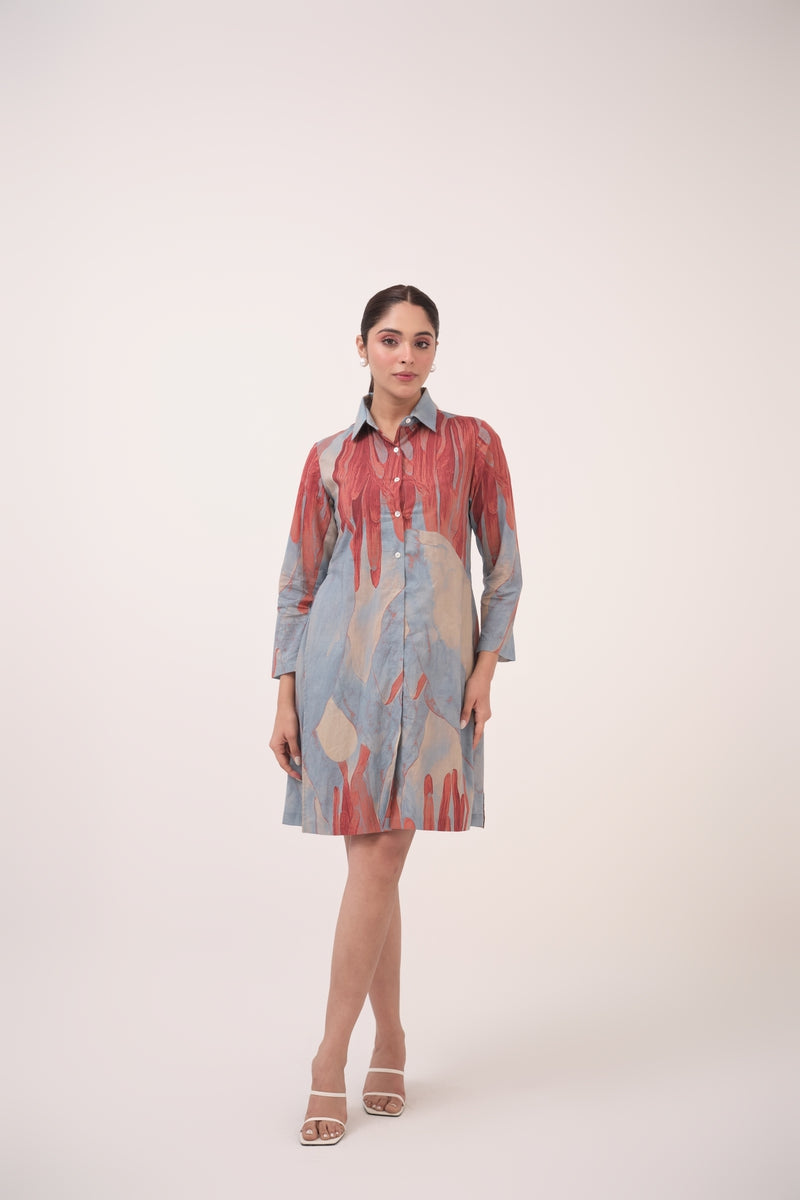 Watercolour Lotus Print Shirt Dress Teal
