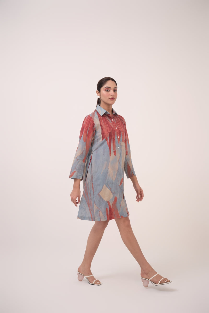 Watercolour Lotus Print Shirt Dress Teal