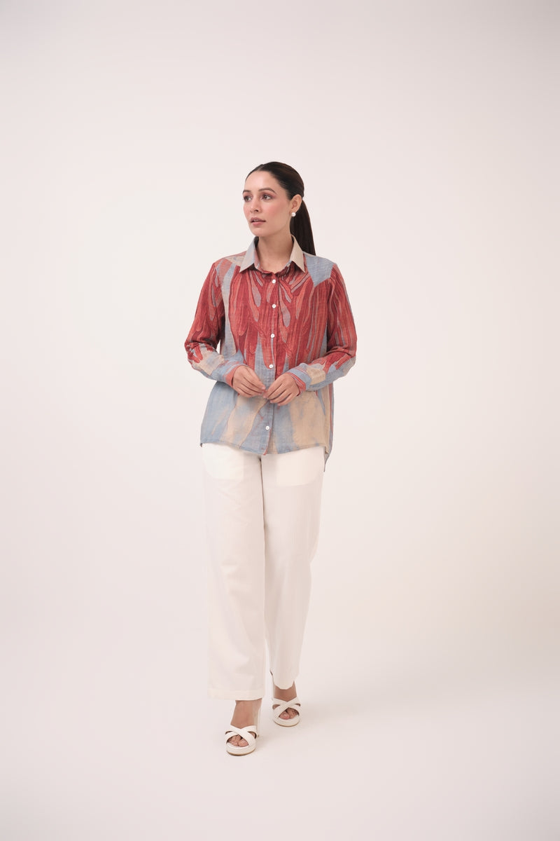 Watercolour Lotus Print Cotton Shirt Teal