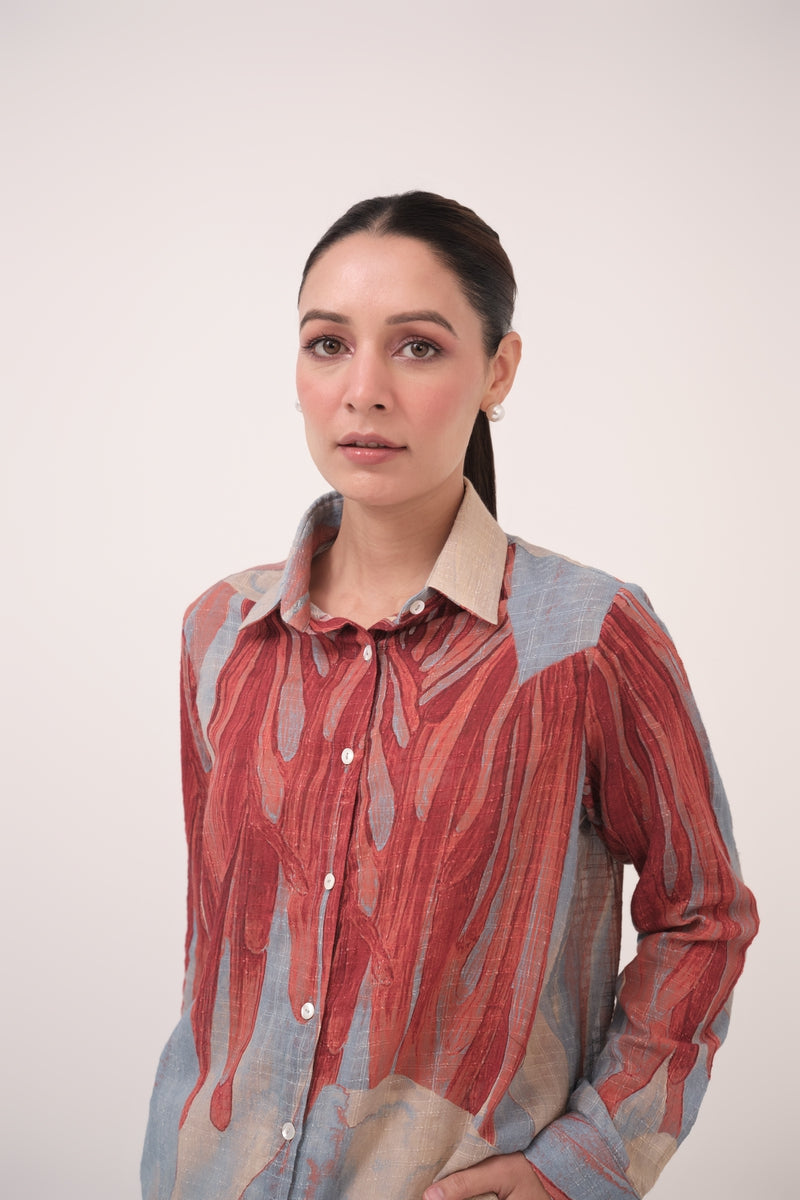 Watercolour Lotus Print Cotton Shirt Teal