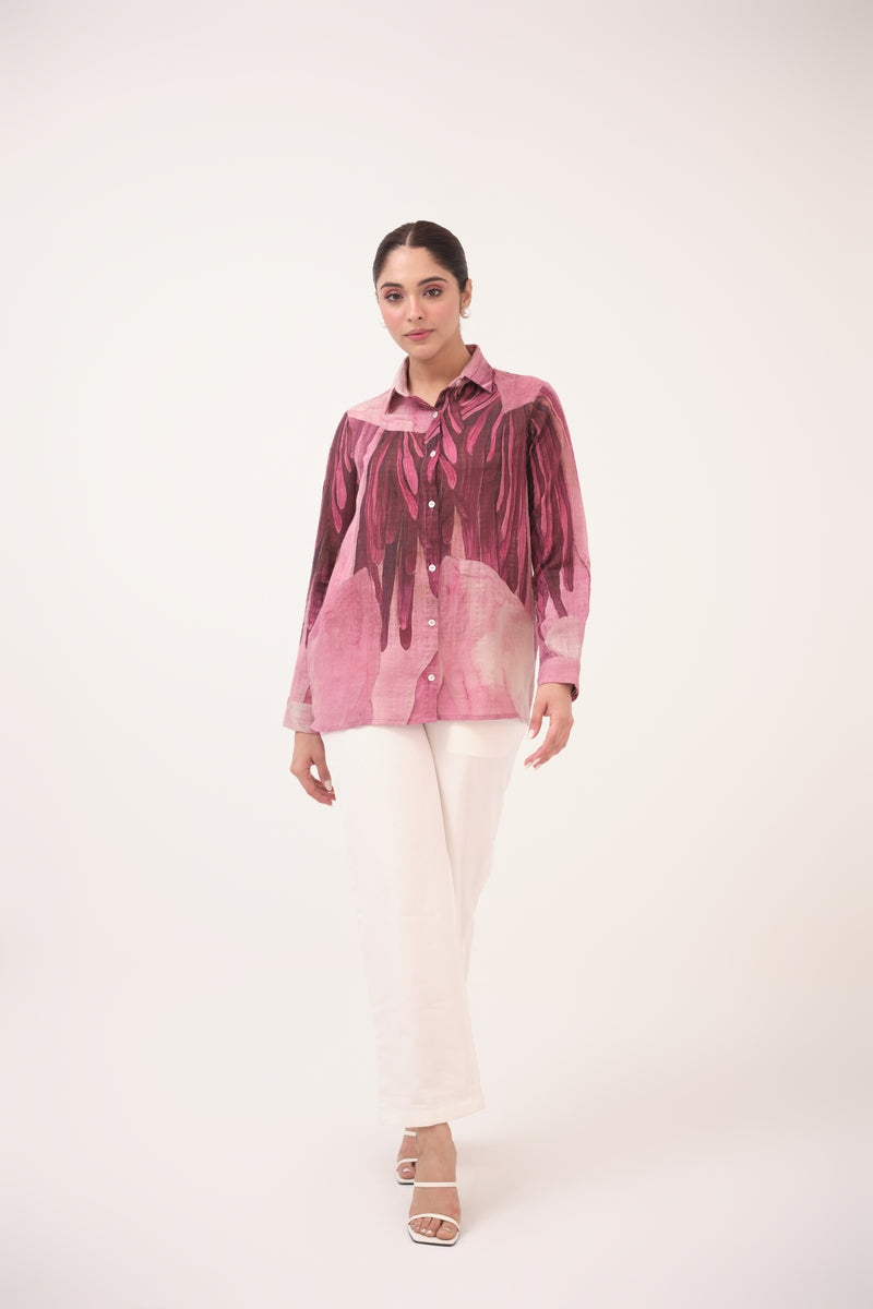 Watercolour Lotus Print Cotton Shirt  Mulberry Pink