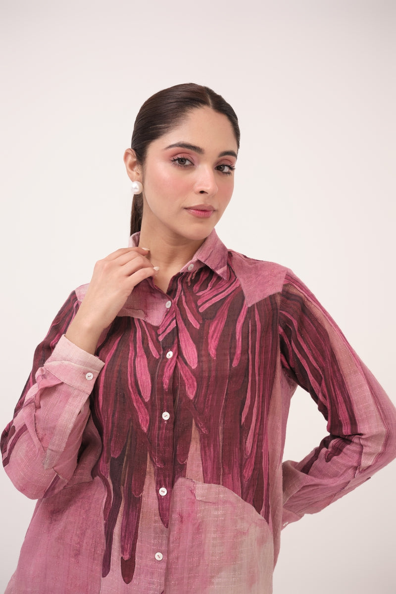 Watercolour Lotus Print Cotton Shirt  Mulberry Pink