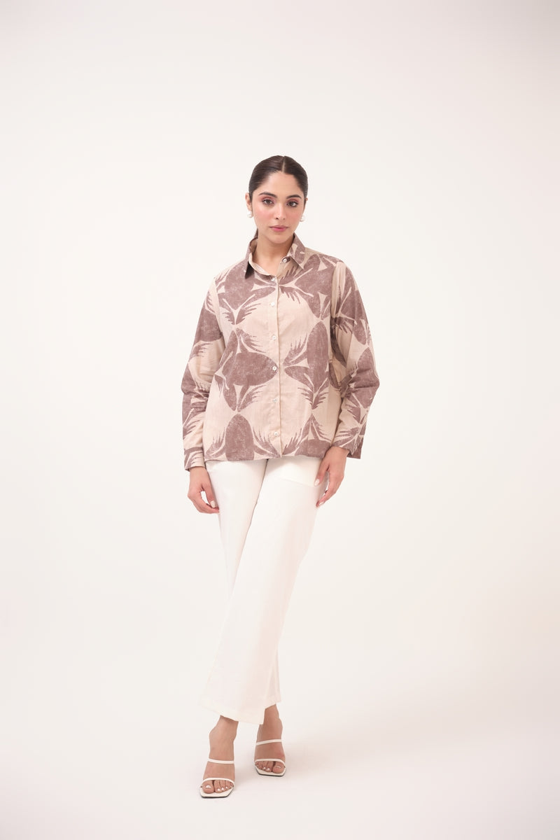 Mendaka Digital Print Cotton Shirt Beige & Brown