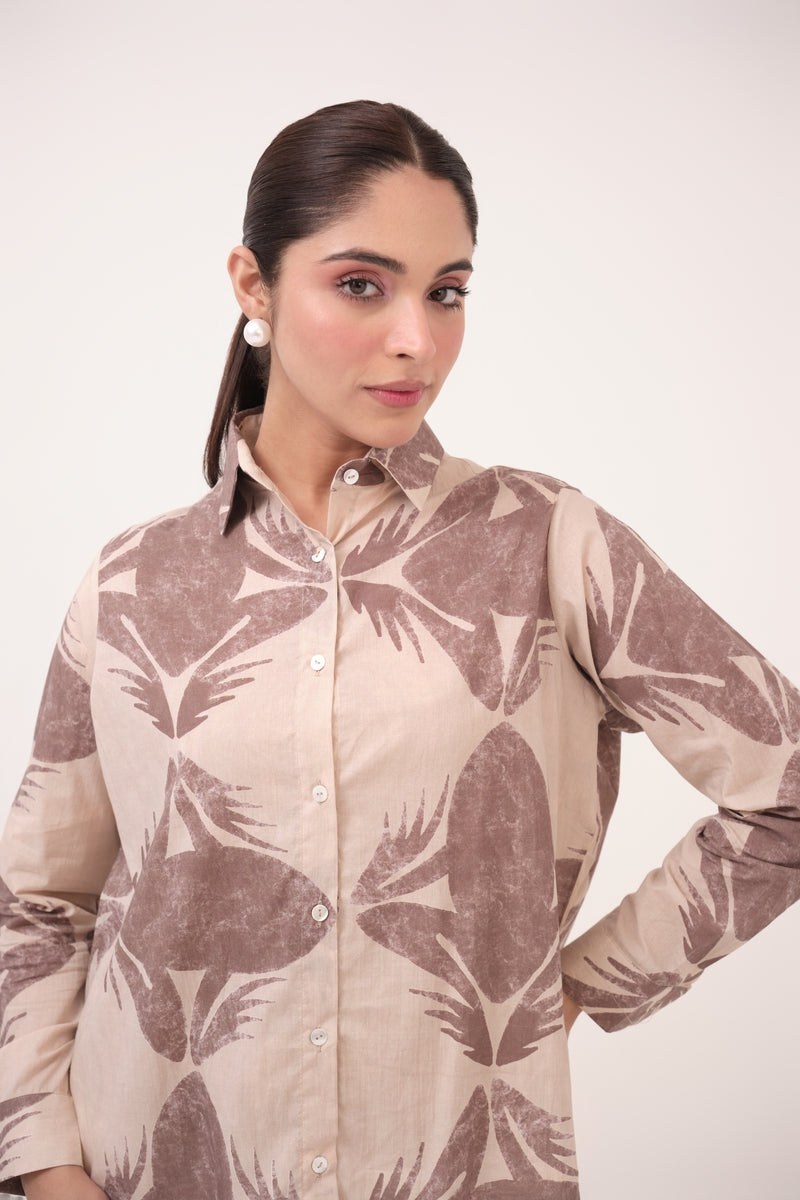 Mendaka Digital Print Cotton Shirt Beige & Brown