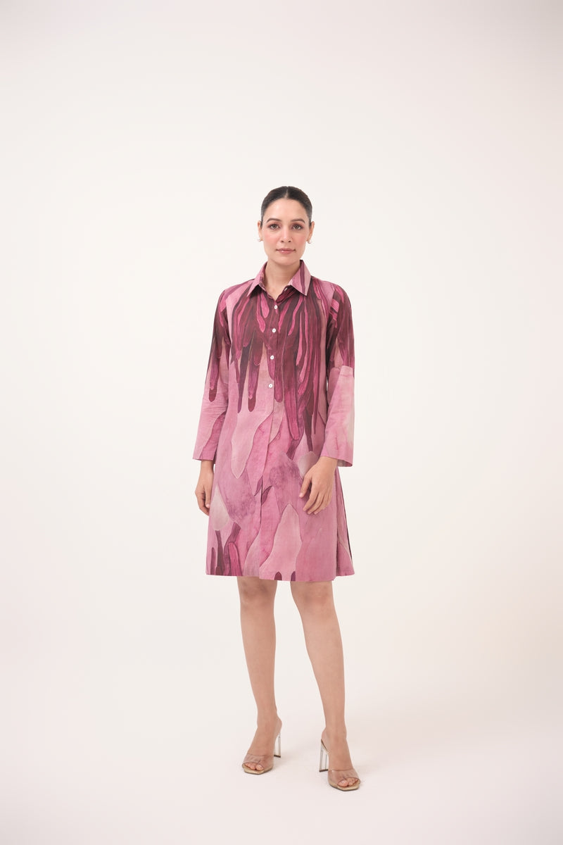 Watercolour Lotus Print Shirt Dress Mulberry Pink