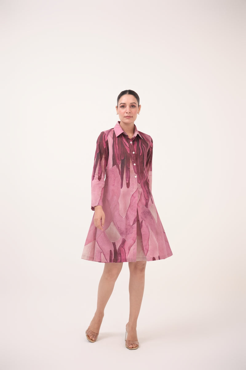 Watercolour Lotus Print Shirt Dress Mulberry Pink