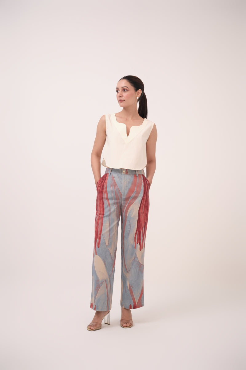 Watercolour Lotus Print Denim Straight Pants Teal