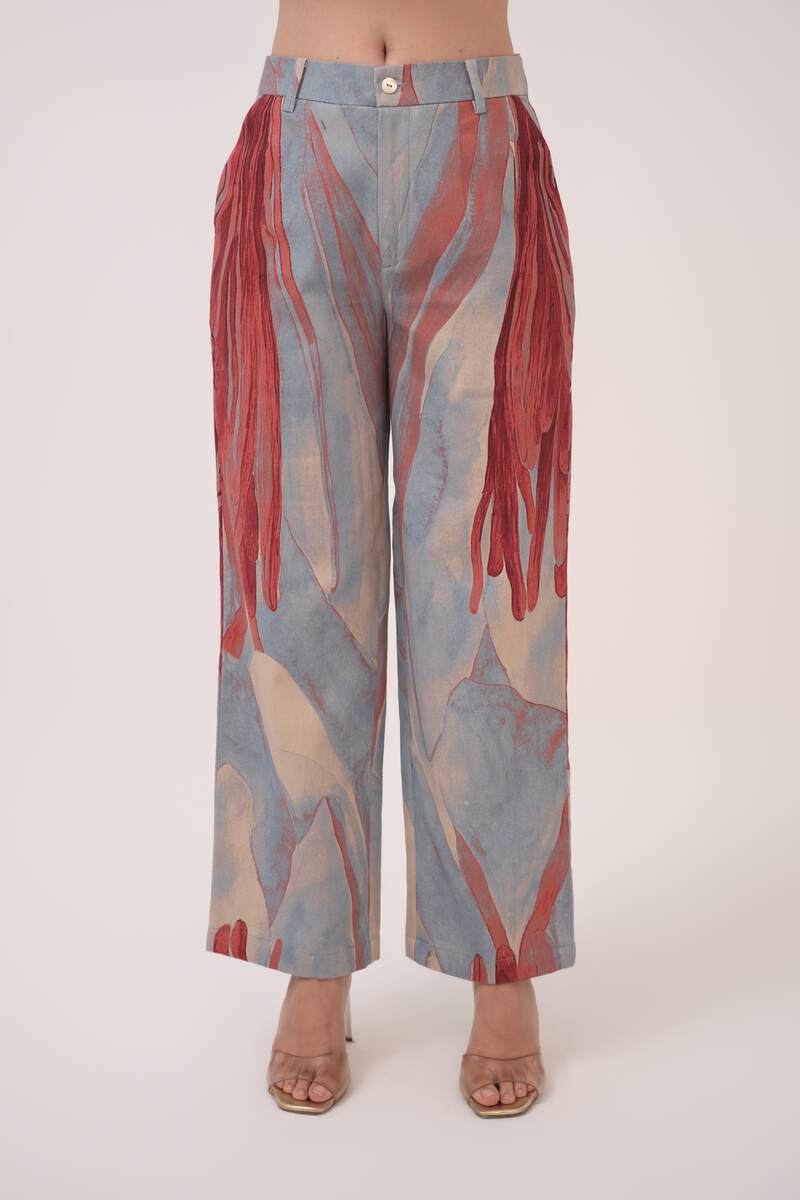 Watercolour Lotus Print Denim Straight Pants Teal