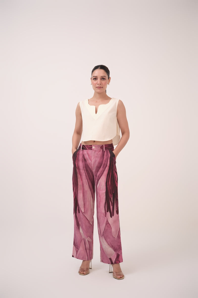 Watercolour Lotus Print Denim Straight Pants  Mulberry Pink